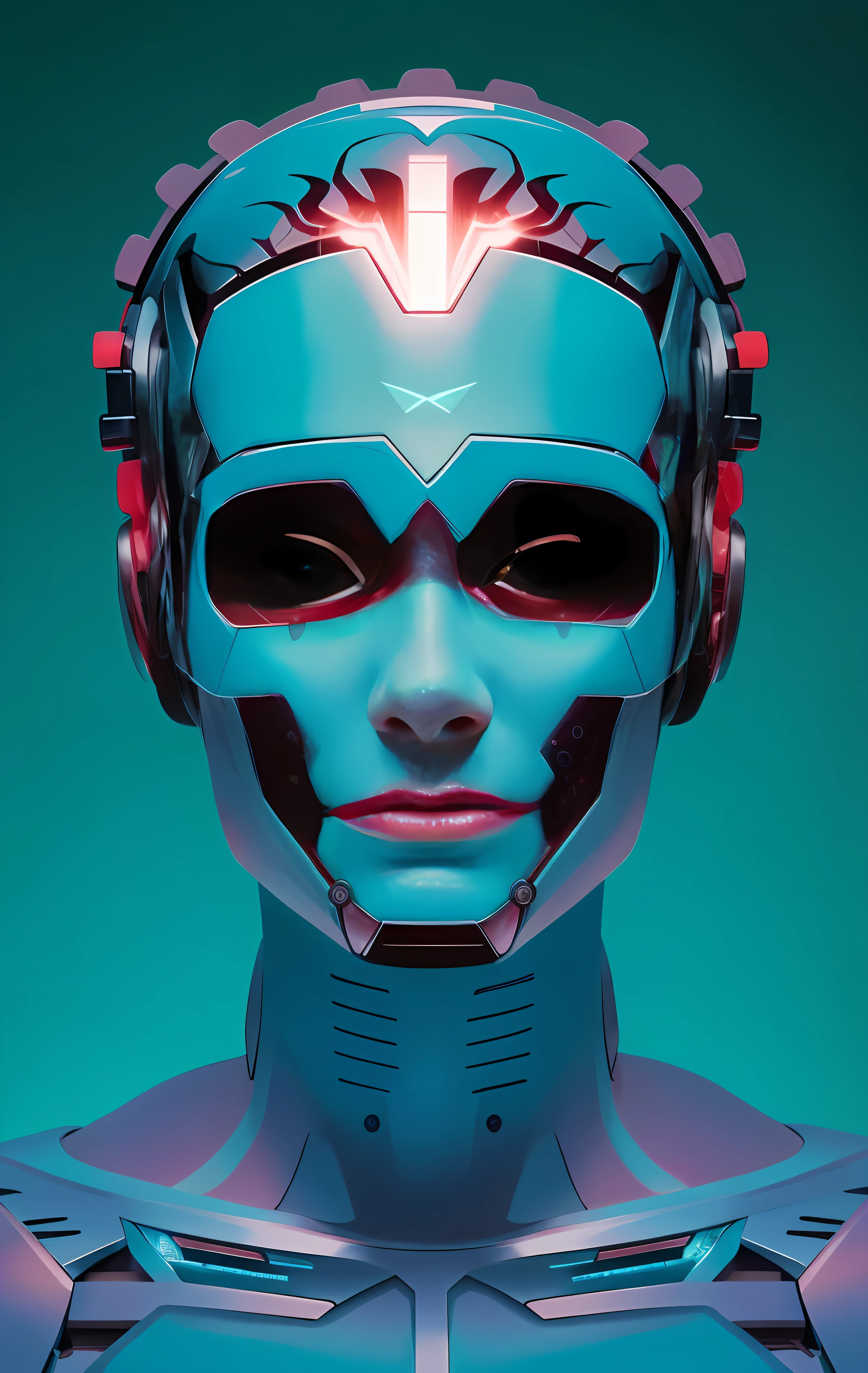 A closeup of a robot with headphones and bright eyes, Retrato de um androide feminino, Retrato do androide feminino, portrait of a futuristic robot, Retrato detalhado de um ciborgue, Retrato de um ciborgue, Retrato de um androide, mulher ciborgue, Retrato em close-up de Ciborgue, Cybernetic Machine Female Face, simetria!! Retrato de Ciborgue