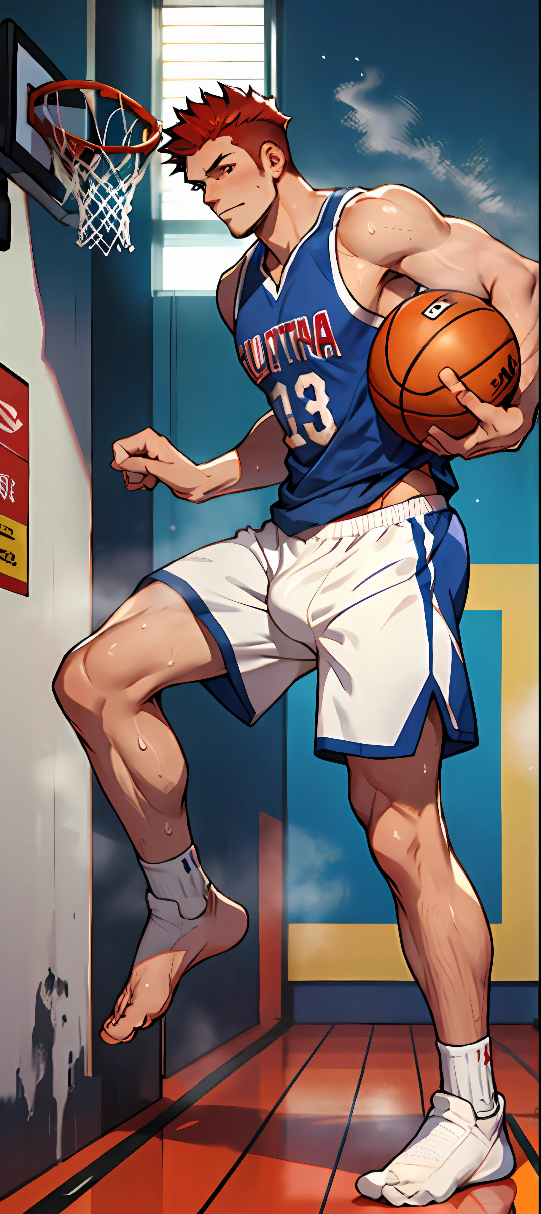 Male, masculine, hirsute, red hair, european, flex, pale skin, sweat, basketball player, holding basketball, full body, barefoot, big feet, white socks, playing basketball, solo, 1 man, running, playing basketball, wearing only underwear, naked, topless, tight underwear, no pants, steaming air, sweating, hot, sexy, sunshine male,