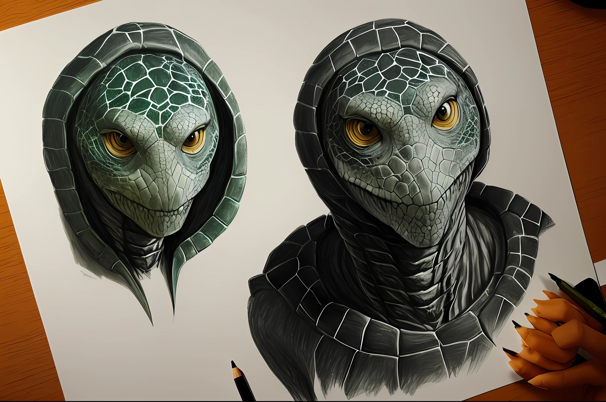 Portrait drawing of humanoid reptile half turtle, Amicable, sozinho