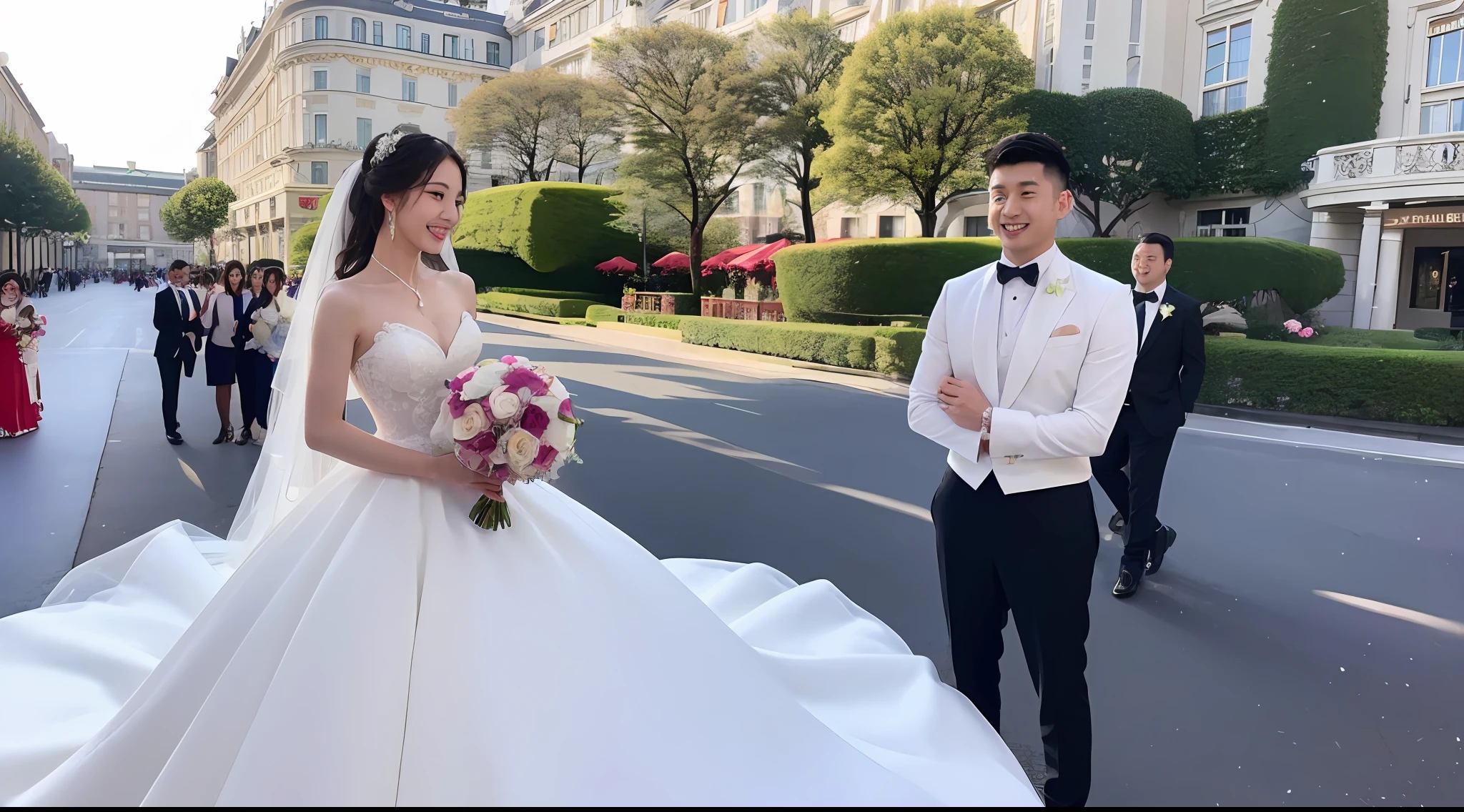 A Chinese girl in a wedding dress holds her Chinese boyfriend,Take wedding photos in front of the Grand Hotel,Flower in left hand,is smiling happily,real photograph --auto