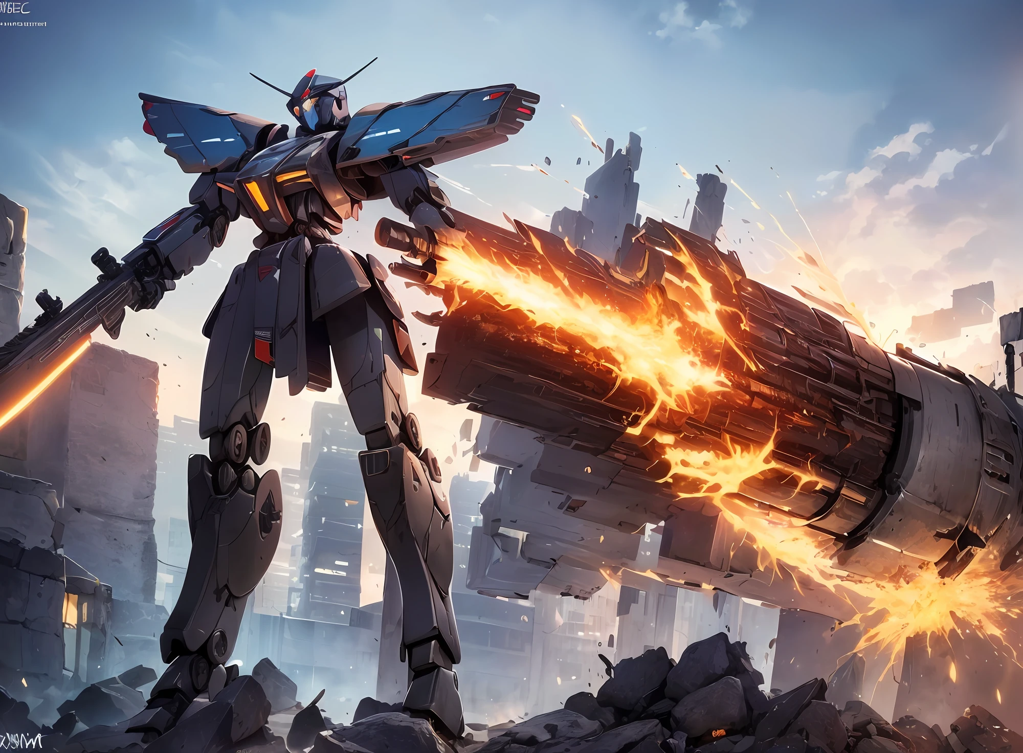 masterpiece, best quality, mecha, no humans, (full body), (black armor mecha:1.5), (Axisymmetric:1.4),(HDR), (cinematic light:1.1), blue eyes, science fiction, fire, laser canon beam, war, conflict, destroyed city background holding weapon,(holding huge weapon:1.5), holding Very large shield, mechagirl girl,