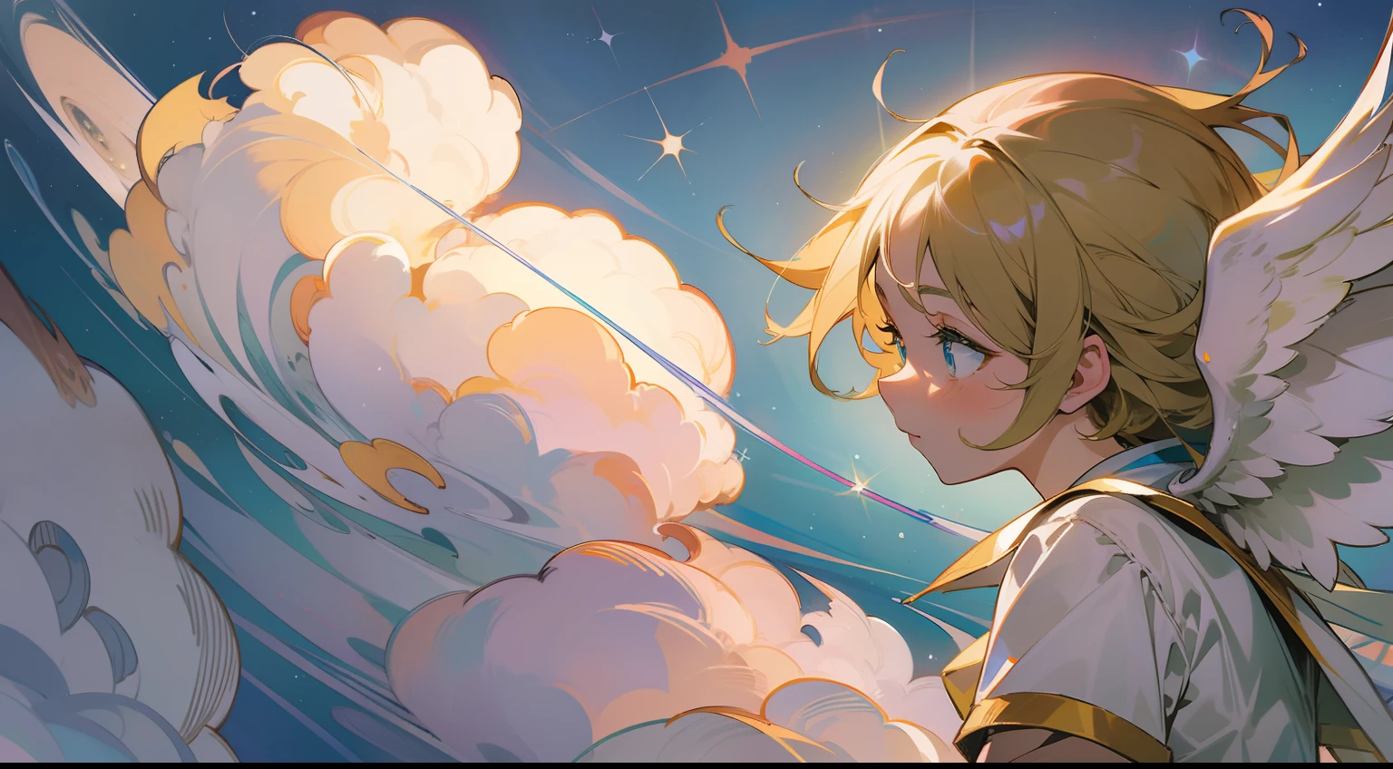 desenho colorido, manga-style, anjo de luz encima de uma nuven, observando a terra,