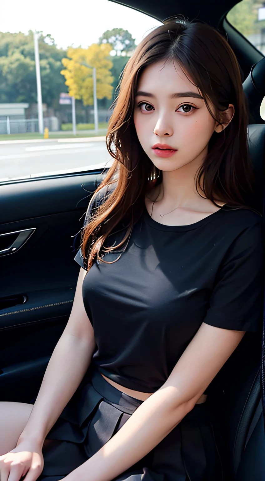 1girll， Wearing a black top and a white pleated skirt，Sitting in a luxury car， Side whole body，sad， 8K， RAW photos， best qualtiy， tmasterpiece，wide angles， realisticlying， photograph realistic，