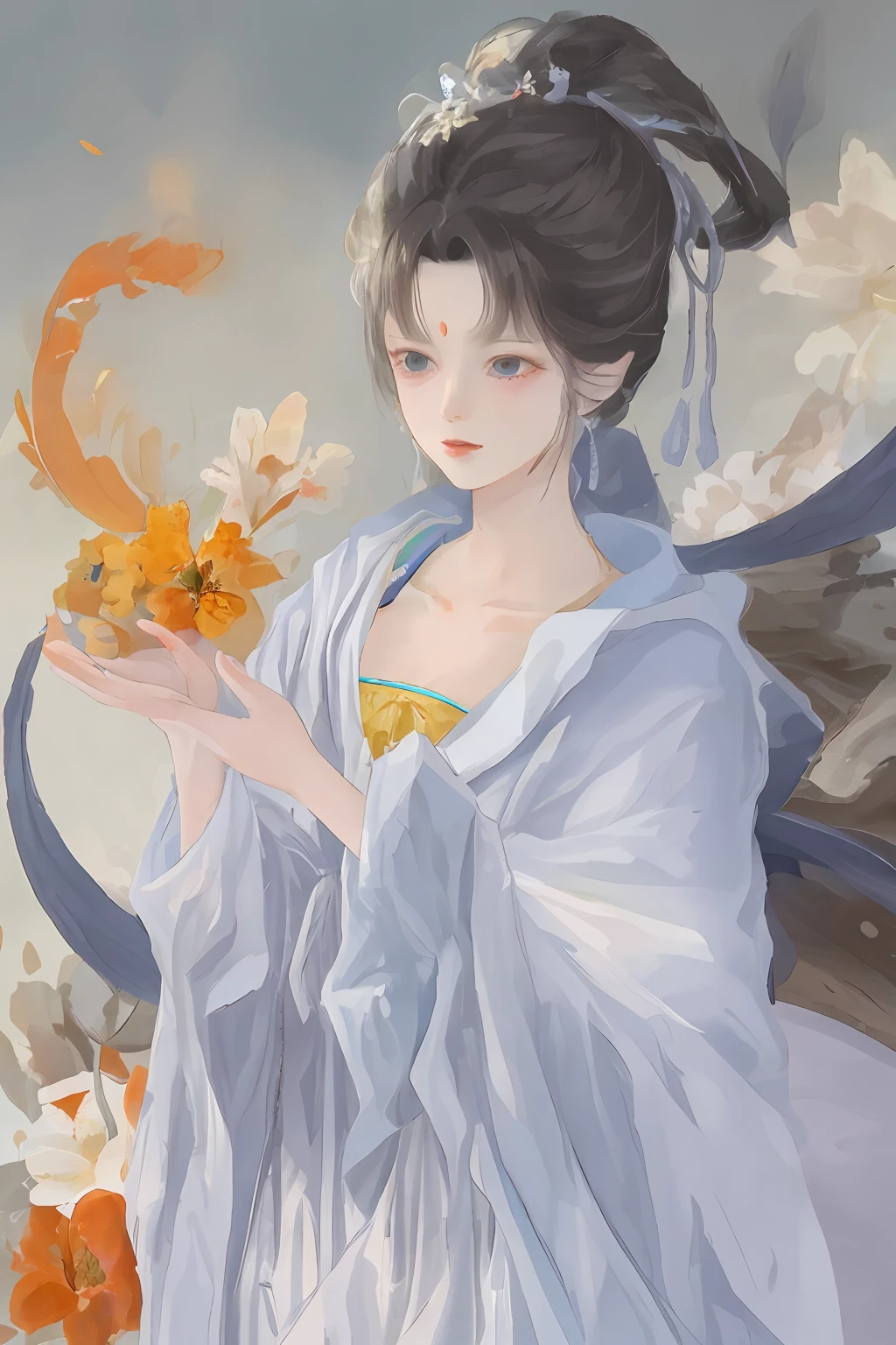 An ancient Chinese beauty sitting on a stone, wearing ancient Chinese clothing, flowing tulle, light silk, lazy posture, large lotus leaf, lotus, ink painting style, clean color, decisive cutting, blank, freehand, masterpiece, super detailed, epic composition, high quality, the highest quality, 4k --v 6
