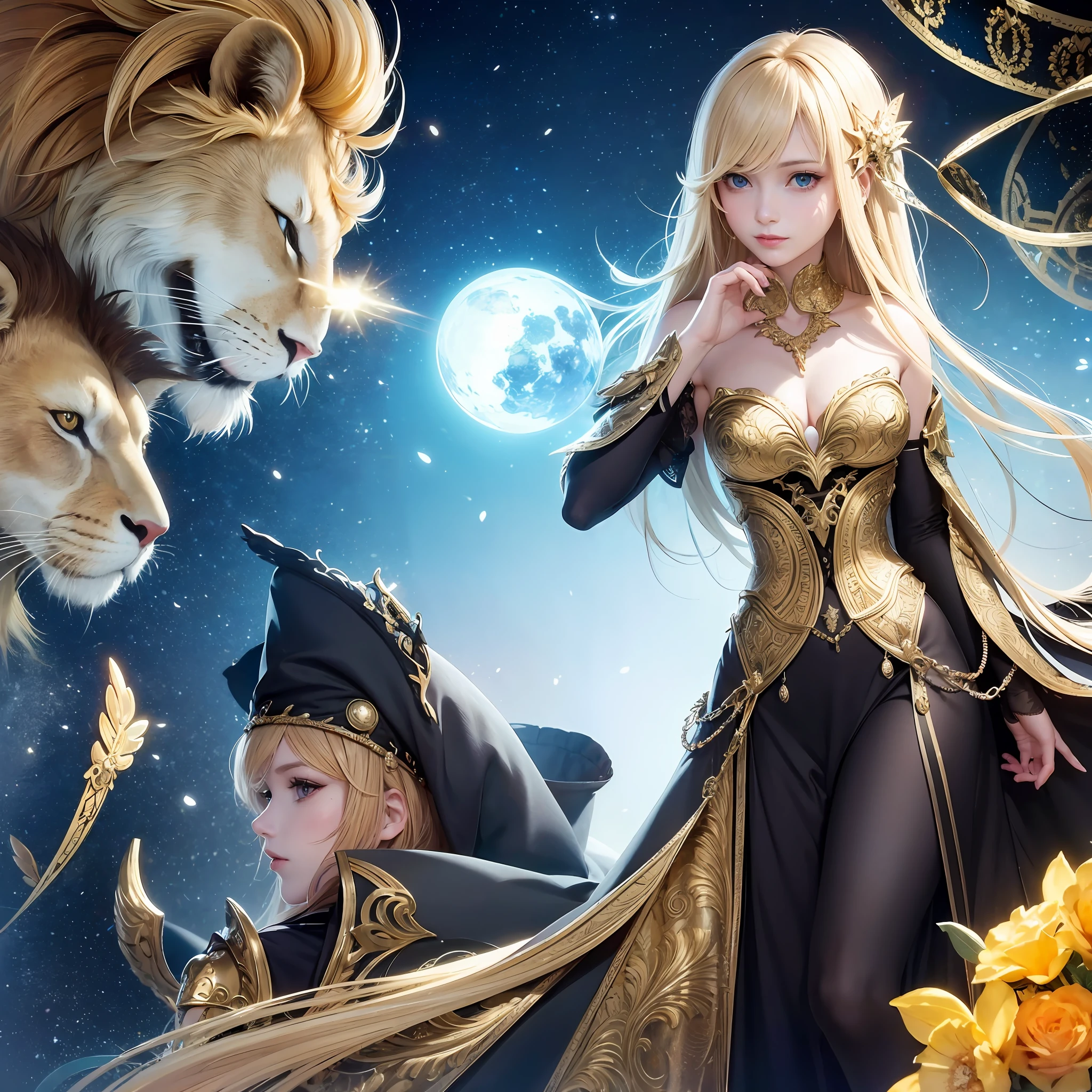 fantasy character/Western fantasy mythical creatures，Magic Golden Leo astrolabe，Yellow-haired people，Next to the lion，Gorgeous face，Real Human，Best quality at best，tmasterpiece，A high resolution，Magic import style，photograph realistic，Border light，Two-tone light，（highdetailskin：1.2），8K  UHD，War knives，softlighting，high high quality，volumettic light，Frankness，War --auto