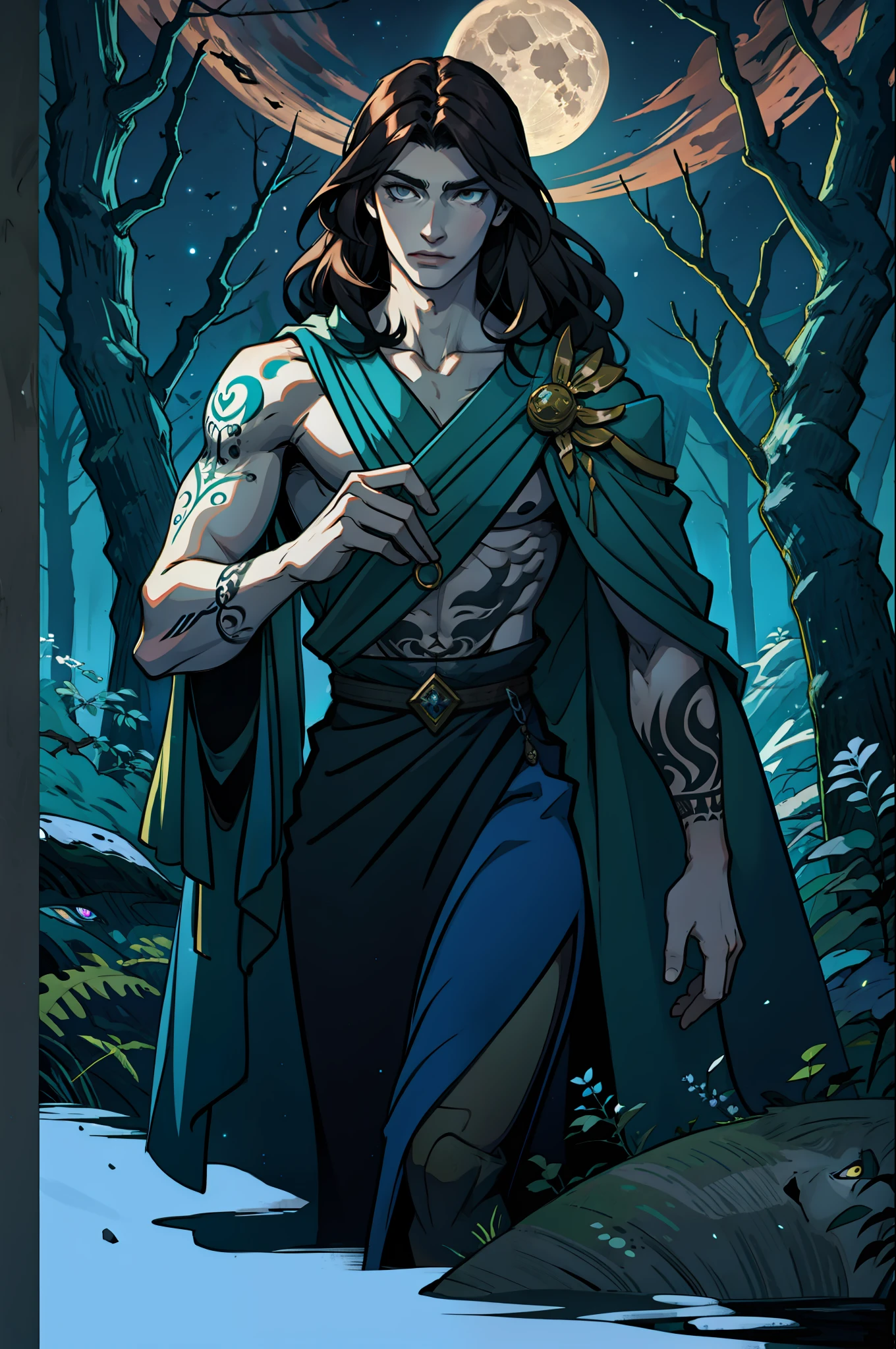 digital artwork of androgynous male fantasy character in the woods on a full moon night, alluring, sensual, slender, long dark hair, tattoos