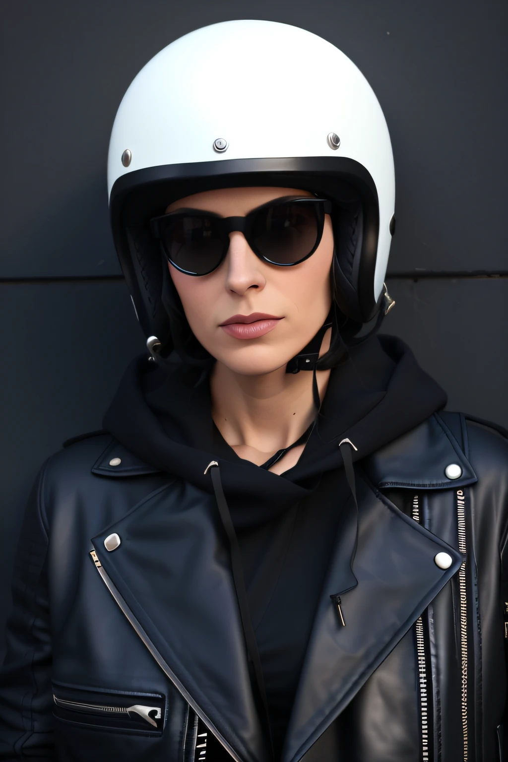 Arad woman in black leather jacket，Wears an eggshell white helmet, picture of a female biker, dressed in biker leather, motorbiker, biker, She is wearing a leather jacket, dressed in leather jacket, inspired by Evaline Ness, Wearing a leather jacket, Wearing a black jacket, high quality portrait, close up portrait shot, photograph of a techwear woman, With sunglasses --auto