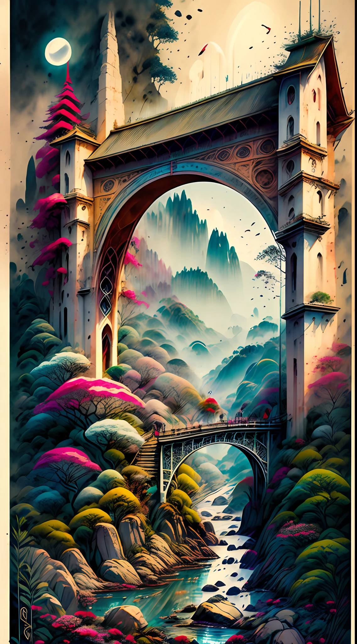 Um lugar magico com cores vivas cachoeiras, montanha, uma ponte e uma cidade ao orizonte, 8k, contraste +25