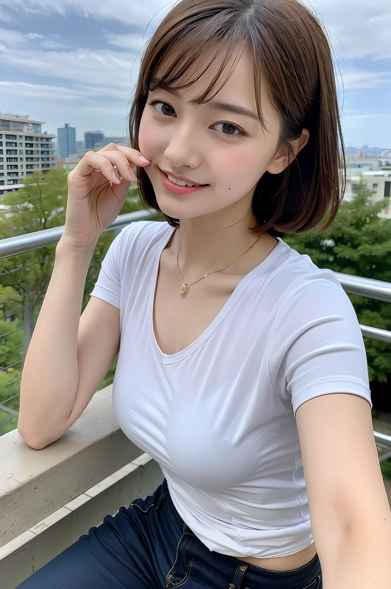 ((8K:1.27)、top-quality、masterpiece、超A high resolution:1.2)Photo beautiful Chinese woman(pleasing:1.1) (White shirt:1.21) Design by Gregg Lutkowski and Alphonse Mucha Intricate Elegance、Fantasia、detail、Geometry、Gradient lighting、1girl in、Delicate skin、looking at the viewers、Brown-eyed、(short hair with bangs:1.2)、(Medium chest:1.0)、(medium areola:0.8)、(realisitic:1.4)、(top-quality:1.0)、(超A high resolution:1.0)、8K、Raw photography、(masterpiece:0.2)、(pureerosface_v1:0.5)、 Camisole、s Office、On the roof of a high-rise building、Grab the railing、Turn your buttocks、Be proud、