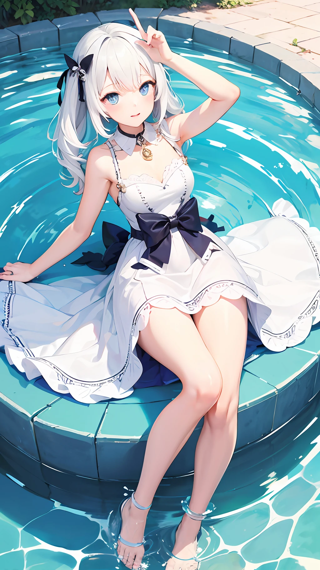 tmasterpiece, Best quality at best, High- sharpness, 1girll, Diavicone, White hair, eBlue eyes, Crescent hair ornaments, Dress with collar, exposed bare shoulders, white dresses,M legs,pools of water --auto