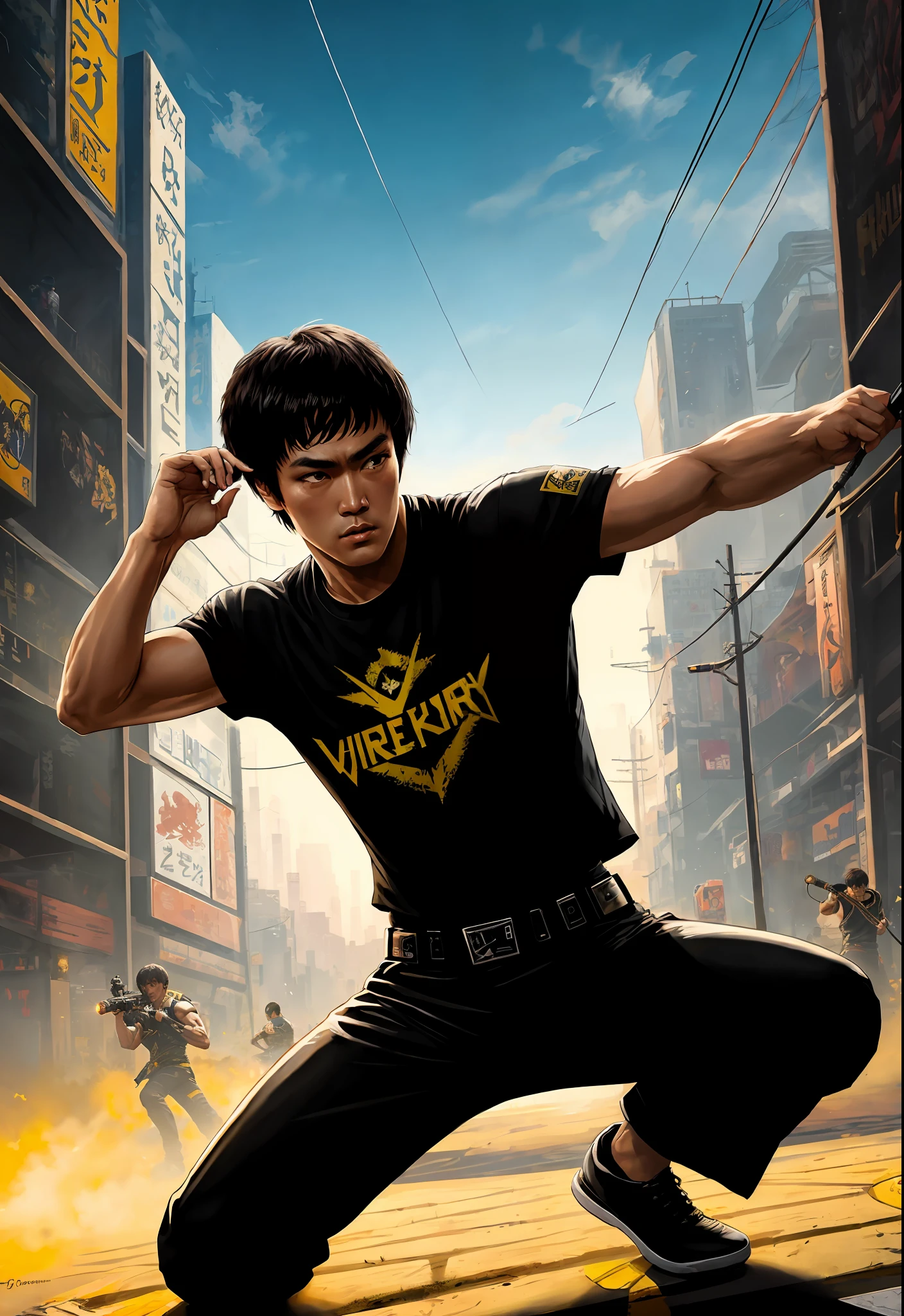 uma pintura de Bruce Lee, fundo, estilo cyberpunk 2077, faixa de ouro em volta de seus seios