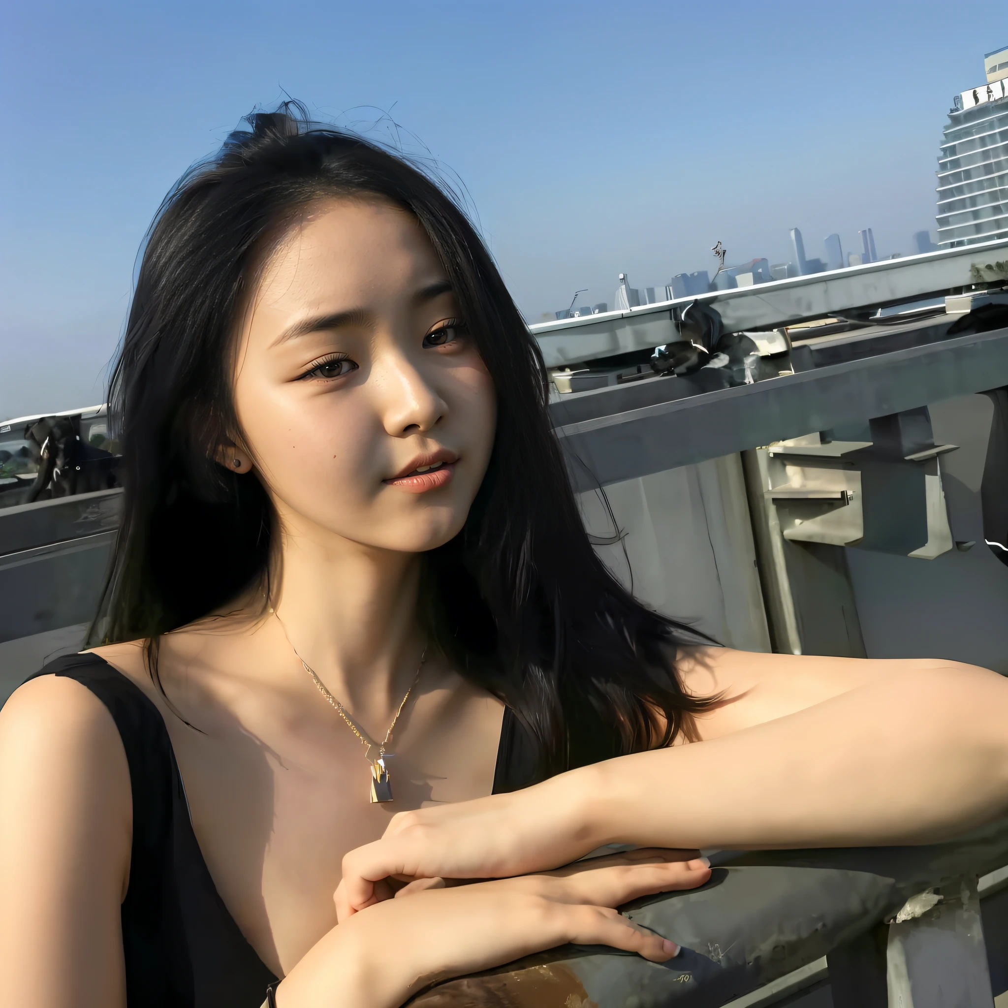 Arapei woman in black dress poses with dog on bridge, 19-year-old girl, xintong chen, Chinese girl, Gorgeous young Korean woman, 8k selfie photograph, gorgeous chinese models, beautiful Korean women, a cute young woman, Blue sky,baiyun --auto