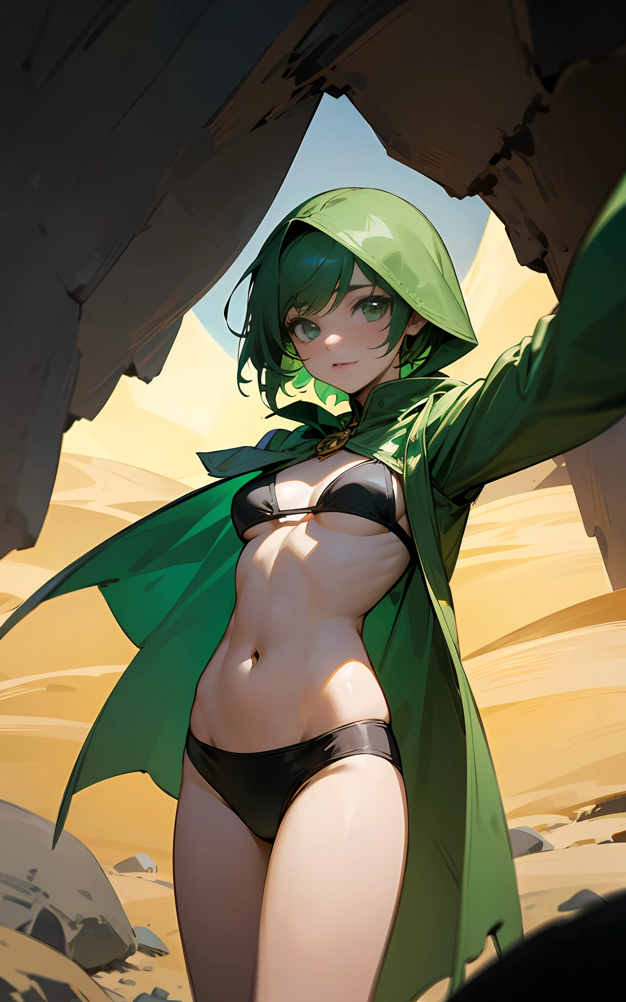 Underwear、Green shortcut、Wearing a cape over a bikini、Explore the dark caves、