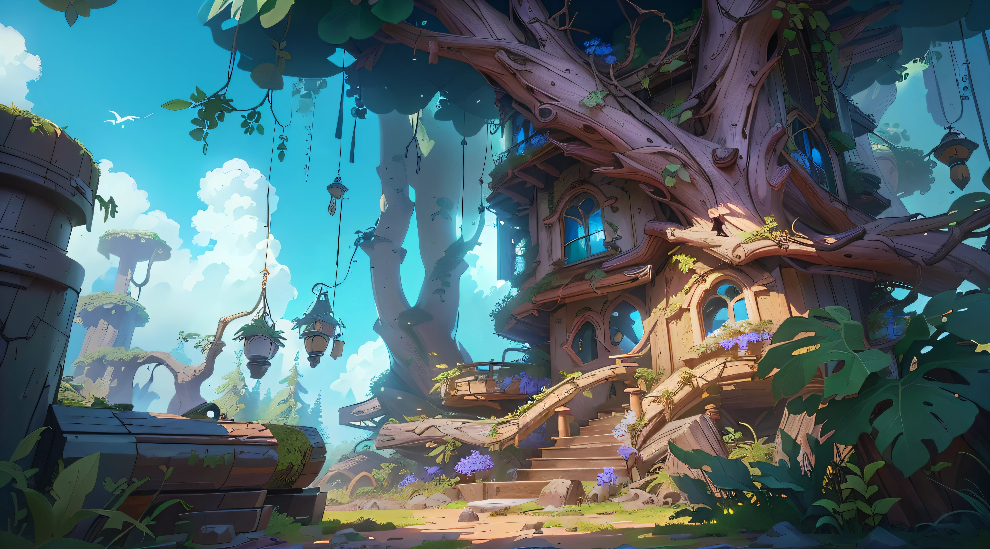 (formal)(macro)，In the Forest of Fantasy there is(Fantasy branches+Fantasy flowers and plants+Fantasy dirt+Dream Tree House+bastion)Feel the atmosphere wrapped in trees，Detailed sky，Optimal material feel，Pixar animation style，Pixar Film Art，Best realism，Best results，Best light and shadow