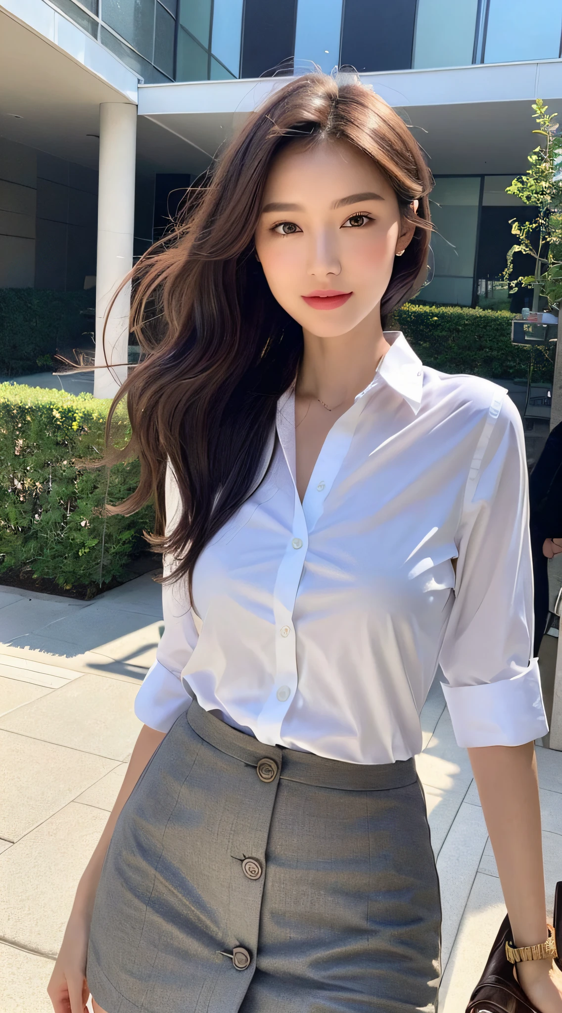 (best qualtiy,A high resolution,tmasterpiece:1.3),A tall and beautiful woman,Slender abs,Dark brown hair in loose wavy styling,full bodyesbian, Long legs, Focalors:1, perfect figure beautiful woman:1.3, Slim abs:1.1,(White short-sleeved button-down shirt,pleatedskirt,stocklings),(Modern architecture in background),The details in the facial and skin textures are beautifully rendered,Detailed eyes,二重まぶた,Natural eyes,ssmile