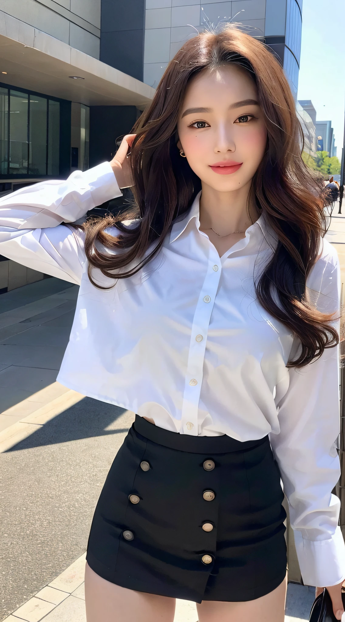 (best qualtiy,A high resolution,tmasterpiece:1.3),A tall and beautiful woman,Slender abs,Dark brown hair in loose wavy styling,full bodyesbian, Long legs, Focalors:1, perfect figure beautiful woman:1.3, Slim abs:1.1,(White short-sleeved button-down shirt,pleatedskirt,stocklings),(Modern architecture in background),The details in the facial and skin textures are beautifully rendered,Detailed eyes,二重まぶた,Natural eyes,ssmile