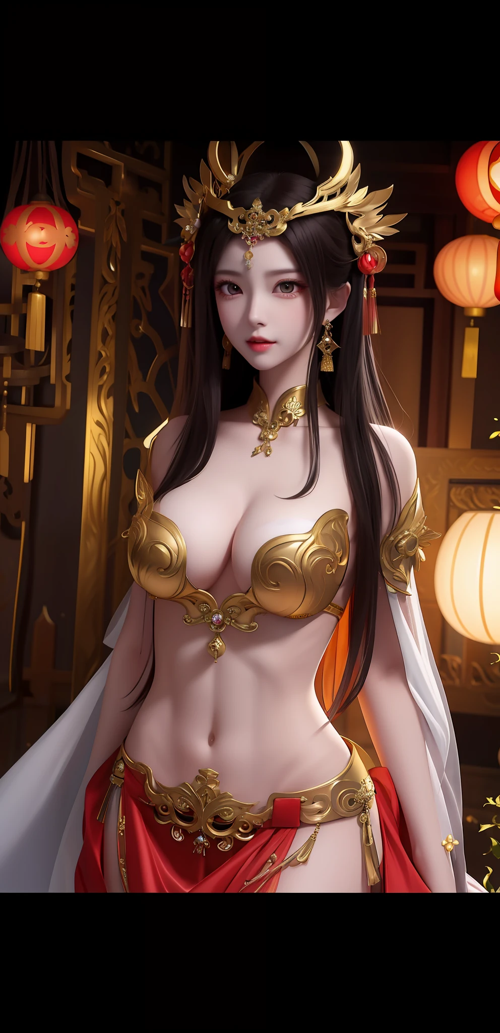 A woman in a costume with a gold headdress and a red dress, a beautiful fantasy empress, Anime goddess, ((a beautiful fantasy empress)), beautiful and seductive anime woman, full-body xianxia, beautiful and elegant elf queen, Beautiful goddess, beautiful elegant demon queen, Japanese goddess, seductive anime girls, Beautiful rendering of the Tang Dynasty, extremely detailed goddess shot,Semi-exposed breasts,Thighs apart,Stroke your hands over your inner thighs
