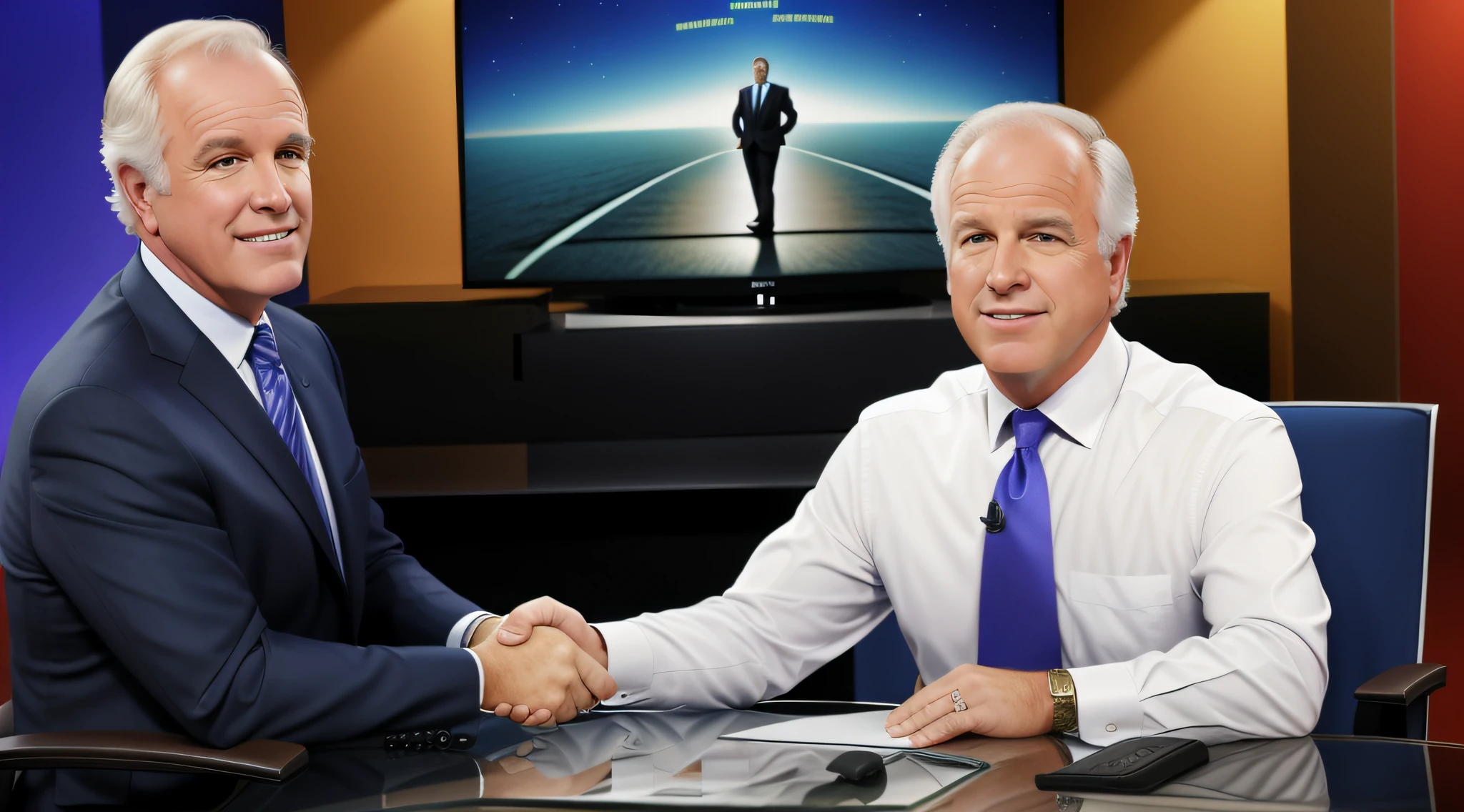 Two men shaking hands in front of a television screen, TV ainda, olhando para frente, Talk show, foto ainda, In the background, television still, Imagem promocional, Kevin Tighe com Randy Mantooth, imagem editorial, fotografia editorial, advertising photo, Directed by: Bernie D'Andrea, foto comercial, medium head to shoulder shot, Directed by: Marshall Arisman, Scott Buoncristiano