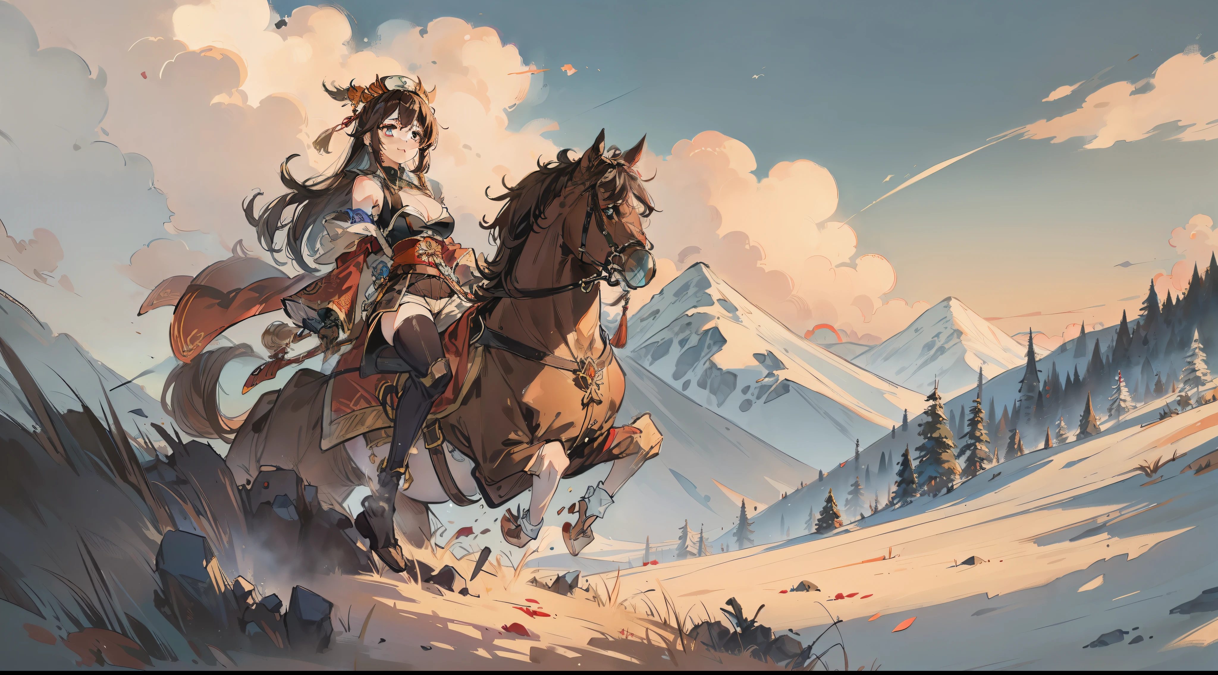 amber \(Genshin Impact\),Amber 5 stars,Amber eyes,brown hair,Default clothes,brown shorts,white stockings,Brown leather gloves,red hairband,Smile,Red sleeves,crossed bangs,hair between eye,Neck goggles,Protective goggles,cleavage,middlebreast,above the mountains,with blue sky and white clouds,ln the forest,rios,small town,Mondstadt,Smoke,Scout Knight,1girll