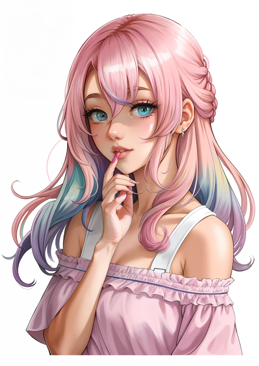 um desenho de uma mulher com longos cabelos rosa e um vestido rosa, cabelo de lavanda, lilac hair, cabelo rosa encaracolado, cabelos longos com cores pastel, pastel coloring, cabelo rosa claro, longos cabelos roxos claros, rosa pastel, cor pastel, desenho colorido, Cabelos Pastel, cabelo rosa claro longo, cor pastel, pastel-hued, cabelo rosa claro pastel muito longo