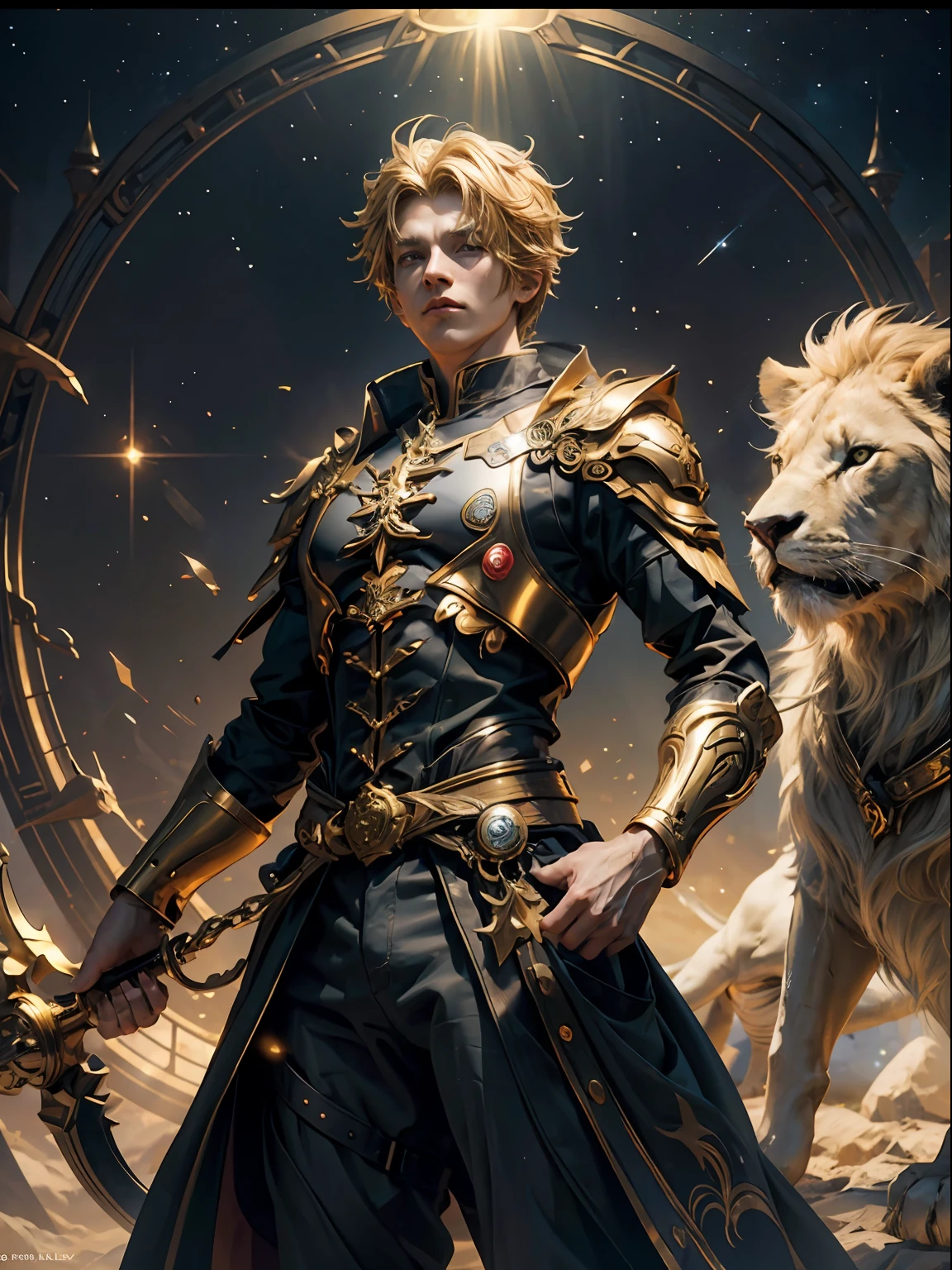 Magic Golden Leo astrolabe，Yellow-haired people，Next to the lion ，Golden lion，Roaring lion，Gold and yellow are the main colors，greek myth，mistic，A deep，starrysky，constellation，constellation，（tmasterpiece） ，（High resolution of 8K）， （best qualtiy） ，（ultra-definition）， （Ultra photo realsisim），Two-colored light、largeaperture、Low ISO、White balance、the rule of thirds、（（tmasterpiece）），（of a real：1.4），Ray traching，NVIDIA RTX，Hyper-Resolution，Unreal 5，Subsurface scattering，PBR Texture，post-proces，depth of fields，hyper HD, Masterpiece, Anatomically correct，Best quality, A high resolution, 16k