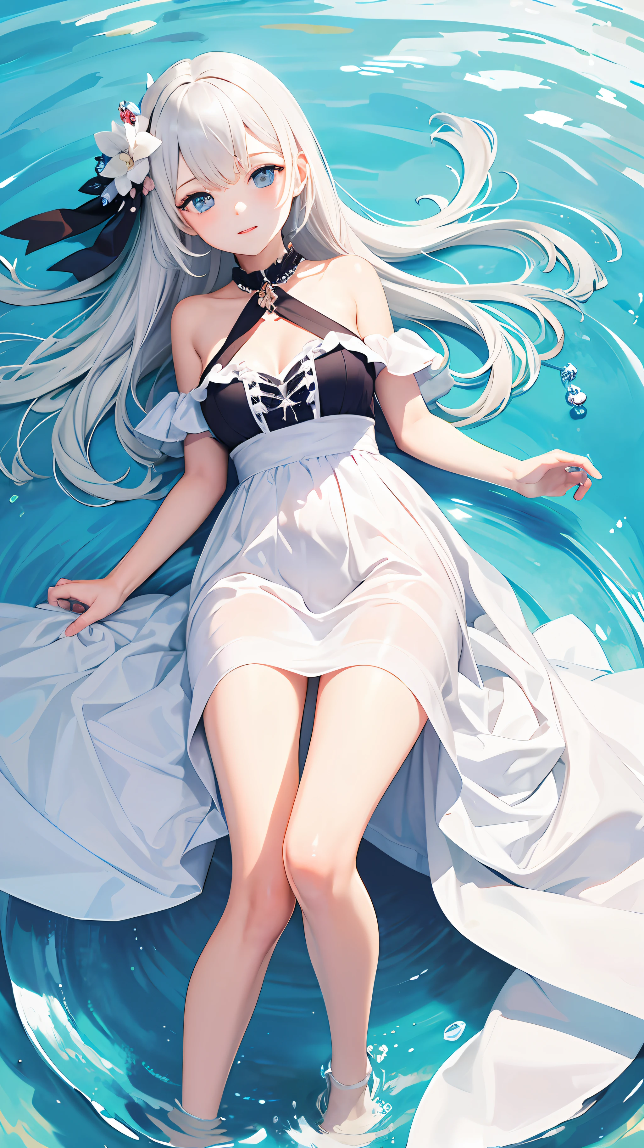 tmasterpiece, Best quality at best, High- sharpness, 1girll, Diavicone, White hair, eBlue eyes, Crescent hair ornaments, Dress with collar, exposed bare shoulders, white dresses,M legs,pools of water --auto