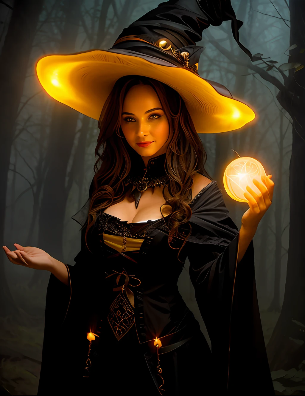 Woman in a witch costume holding a mystical orbi, uma bela feiticeira, feiticeira bonita, detalhes intrincados, alta qualidade, cinematic quality, Wisp, fractal, Sparks