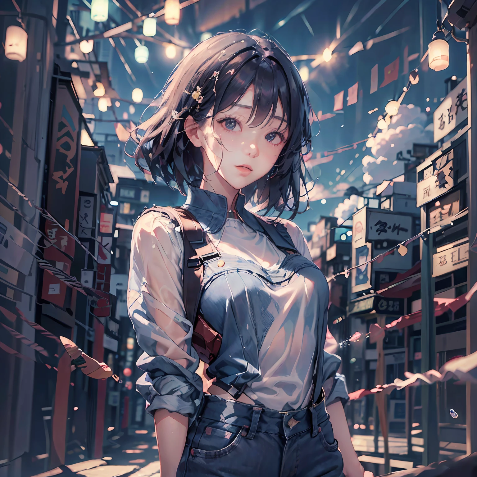 1girll,best qualtiy，Wearing blue denim suspenders，Anime girl blowing bubbles in front of the city, Anime style 4，Kawaii realistic portrait, Anime art wallpaper 8 K, Guviz-style artwork, 4k manga wallpapers, Anime art wallpaper 4k, Anime art wallpaper 4 K, 4K anime wallpaper, Makoto Shinkai and Artgerm