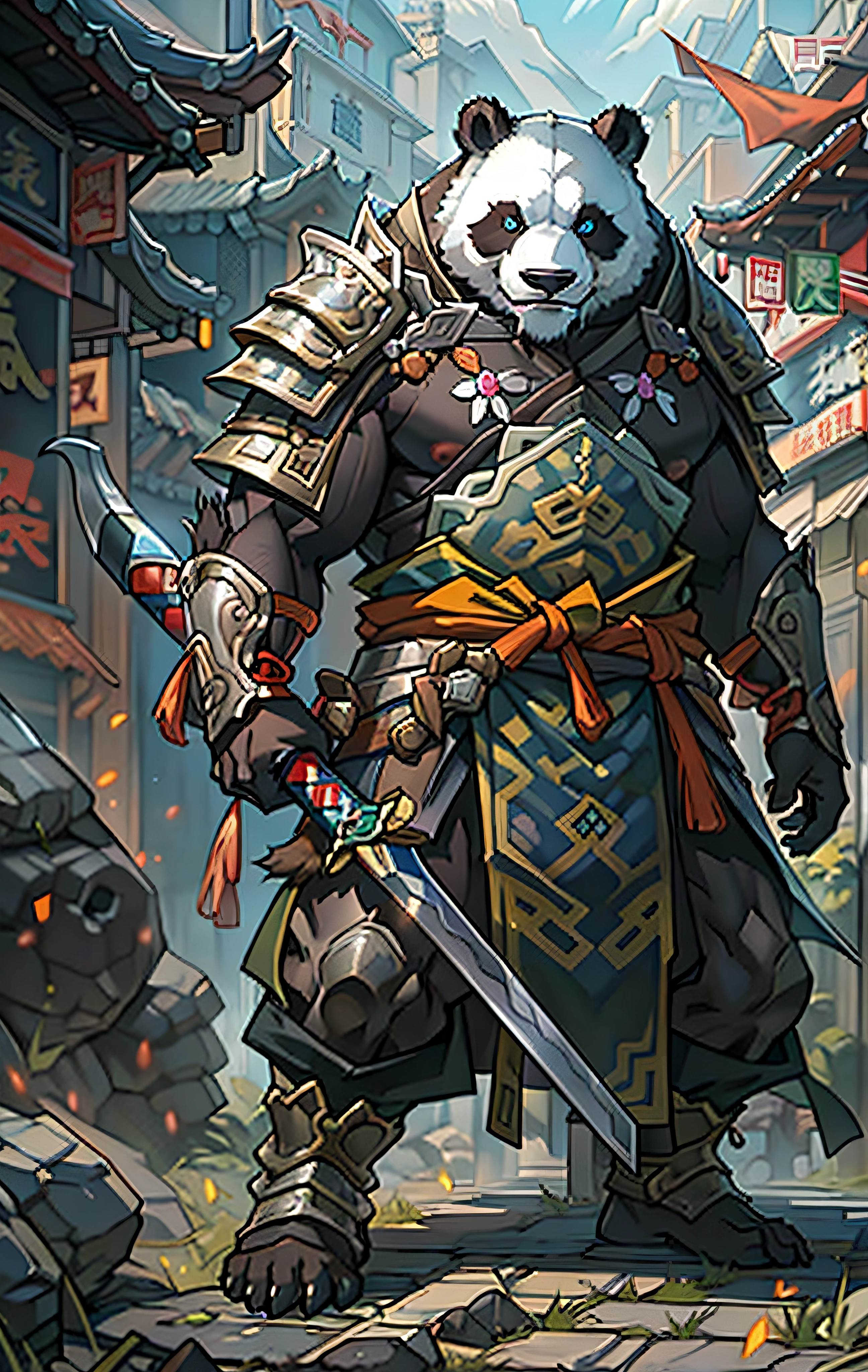 Giant panda warrior, Full body like，Close-up of giant panda warrior holding a sword in the city, Determined eyes，Fierce，Akira in Chinese mythology, an epic majestical degen trader, bian lian, by Yang J, Chinese Warrior, anthropomorphic samurai bear, Son Goku, cgsociety and fenghua zhong, inspired by Li Kan, epic samurai warrrior, Cat Warrior, Silver tattered cloak，Armour，Full body standing painting，Fantasy setting, character concept, character art, Character portrait, Cartoon, Best quality, Best resolution, 4K, Vivid colors, Vivid, High detail, best detail, confident pose, extrovert, look from down,