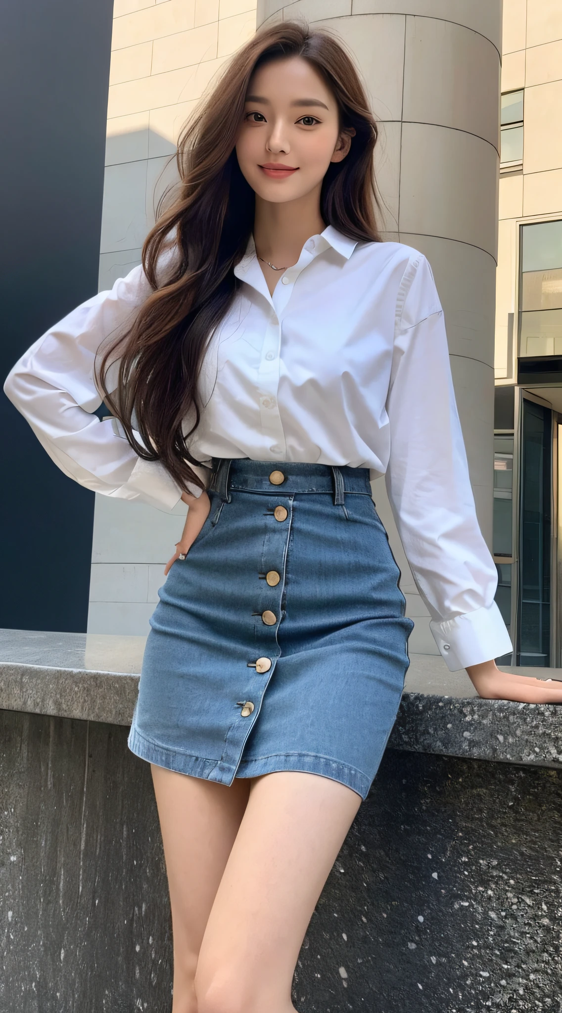 （best qualtiy，A high resolution，tmasterpiece：1.3），A tall and beautiful woman，Slender abs，Dark brown hair in loose wavy styling，full bodyesbian, Long legs, Focalors:2, perfect figure beautiful woman:1.3, Slim abs:1.1,（White short-sleeved button-down shirt，pleatedskirt，stocklings），（Modern architecture in background），The details in the facial and skin textures are beautifully rendered，Detailed eyes，二重まぶた，Natural eyes，ssmile