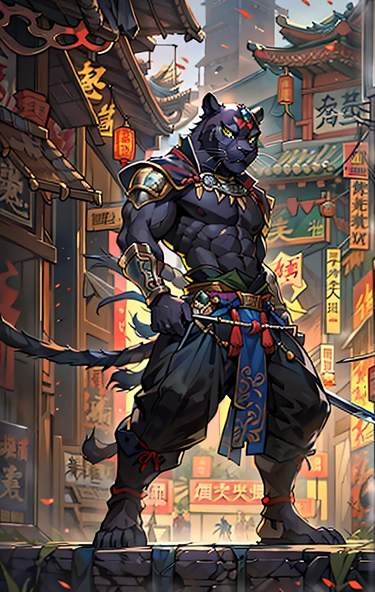 Panther Warrior, Full body like，Close-up of Panther warrior holding a sword in the city, Determined eyes，Fierce，Akira in Chinese mythology, an epic majestical degen trader, bian lian, by Yang J, Chinese Warrior, Anthropomorphic Black Panther, Son Goku, cgsociety and fenghua zhong, inspired by Li Kan, epic samurai warrrior, Panther Warrior, Black tattered cloak，Armour，Full body standing painting，Fantasy setting, character concept, character art, Character portrait, Cartoon, Best quality, Best resolution, 4K, Vivid colors, Vivid, High detail, best detail, confident pose, extrovert, look from down,