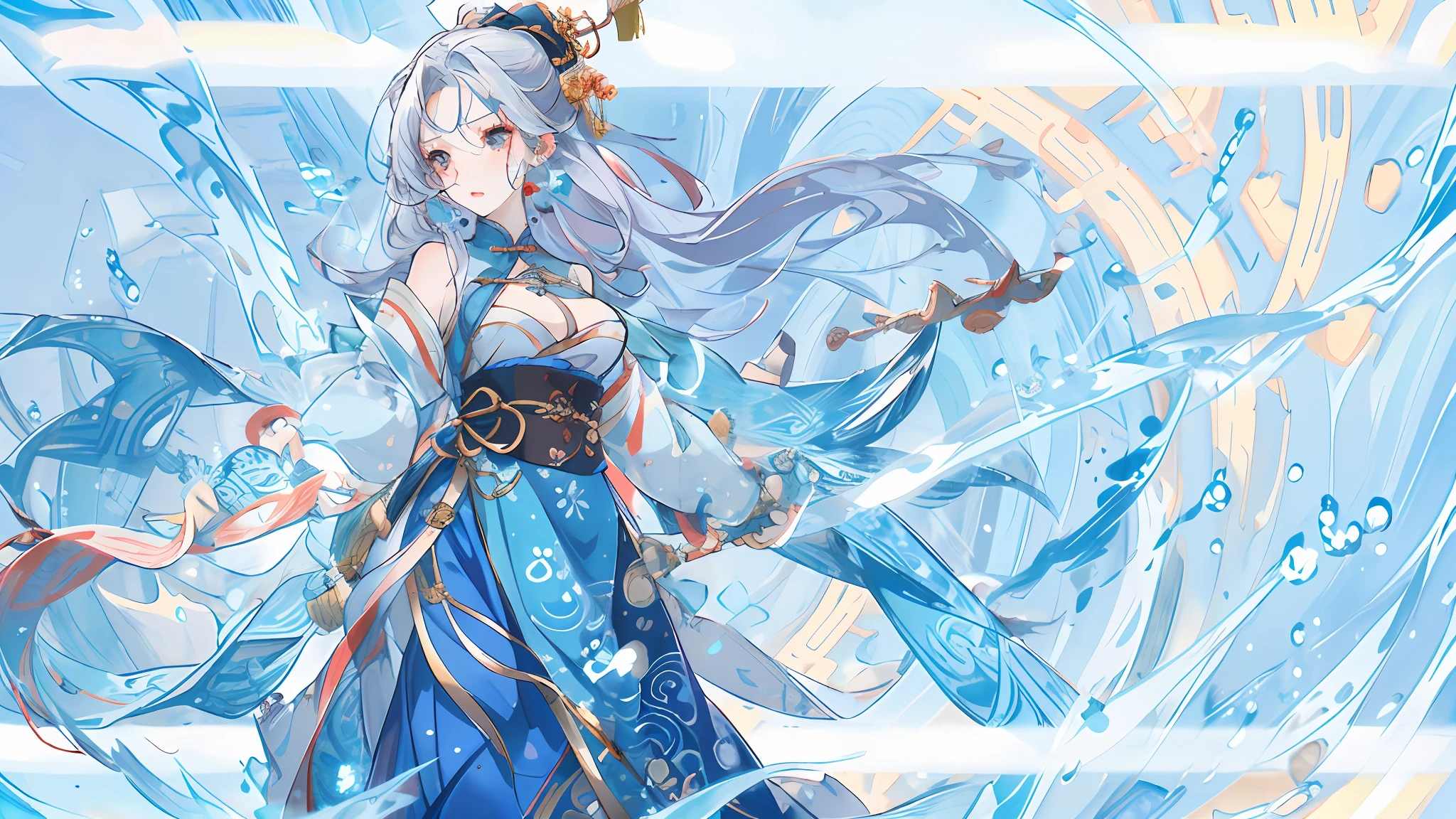 Exquisite facial features,Nice face,best qualtiy,tmasterpiece,ultra - detailed,swell sea,Buble,water flowing,one-girl,White color hair,blue skirts, Ancient Chinese clothing,National style background, 超高分辨率, 1girll, adolable,Raised sexy,Exposed flesh,seductiv, boobs exposed, childish looks, Kawaii face, Detailed skins,, Chinese ancient style, full bodyesbian, Slim,