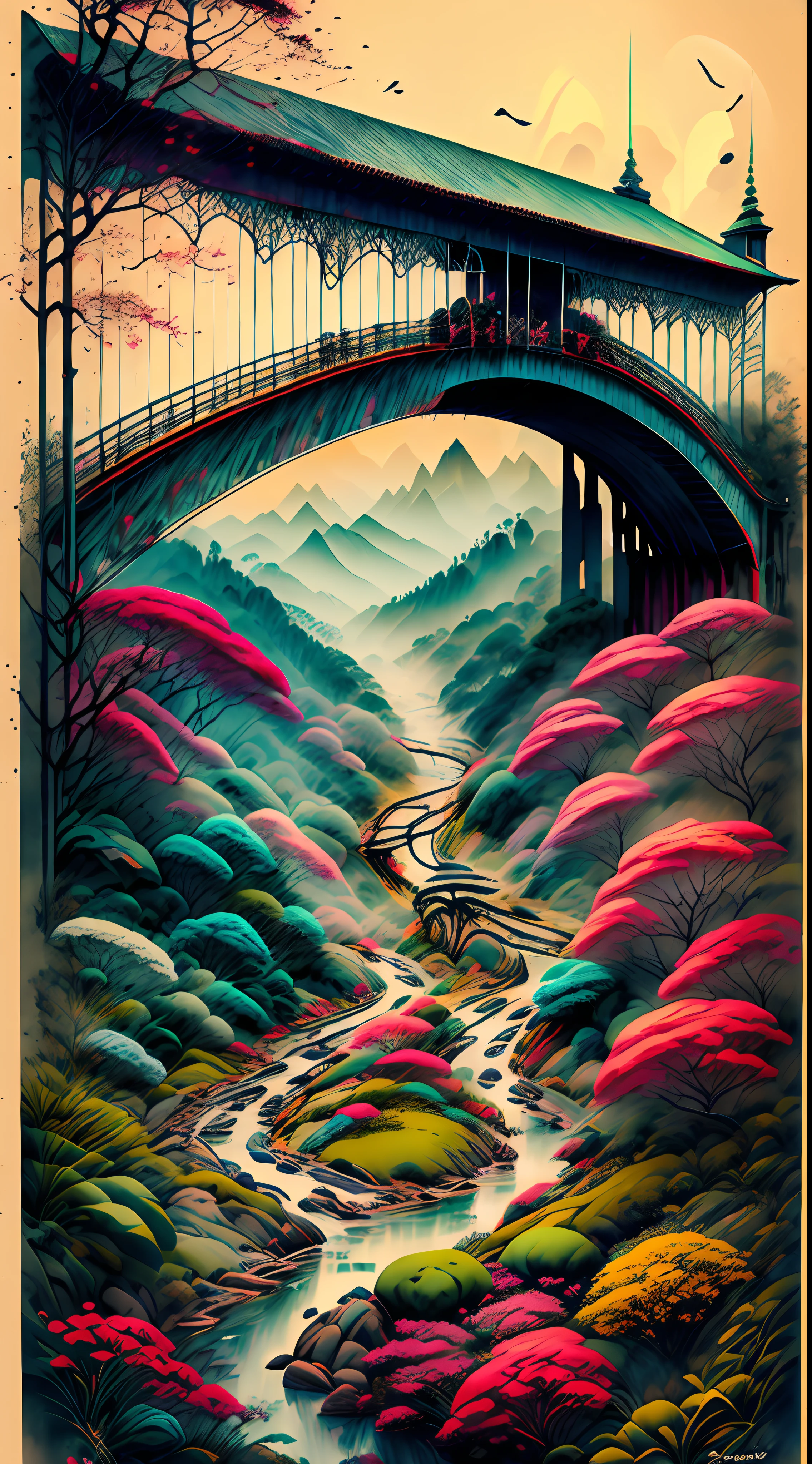 Um lugar magico com cores vivas cachoeiras, montanha, uma ponte e uma cidade ao orizonte, 8k, contraste +25