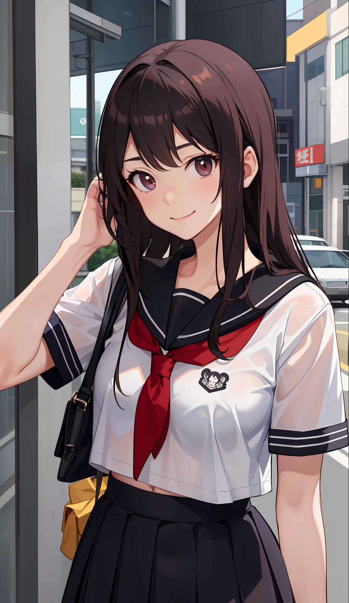 1girl in、a smile、The shirt、skirt by the、(small tits)Chilarism、Japan High School Student Uniform、serafuku、summer clothing、Squall-soaked uniform、Sheer bra、(Upper body portrait)、