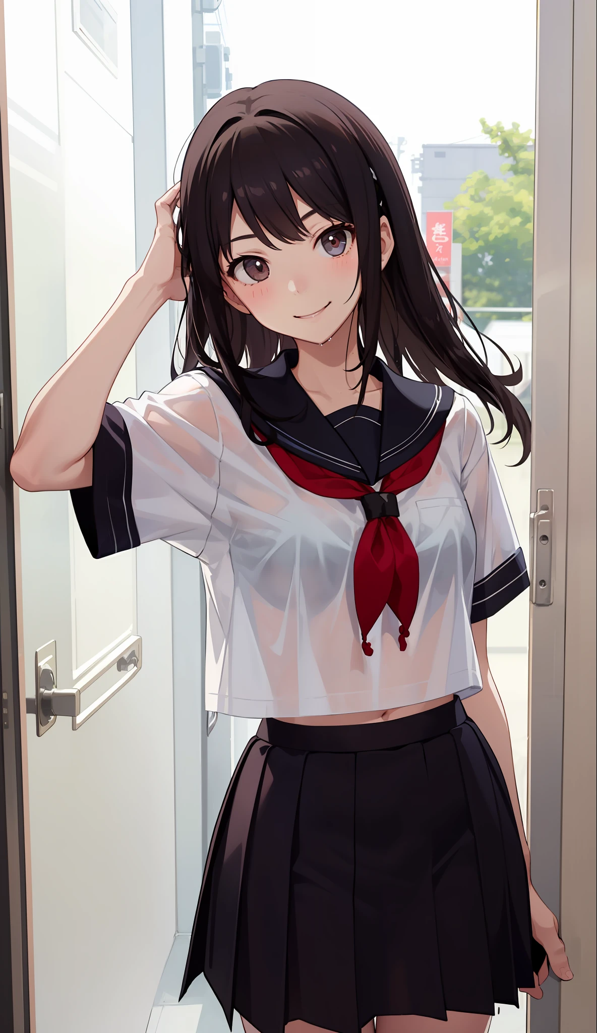 1girl in、a smile、The shirt、skirt by the、（small tits）Chilarism、Japan High School Student Uniform、serafuku、summer clothing、Squall-soaked uniform、Sheer bra、（Upper body portrait）、