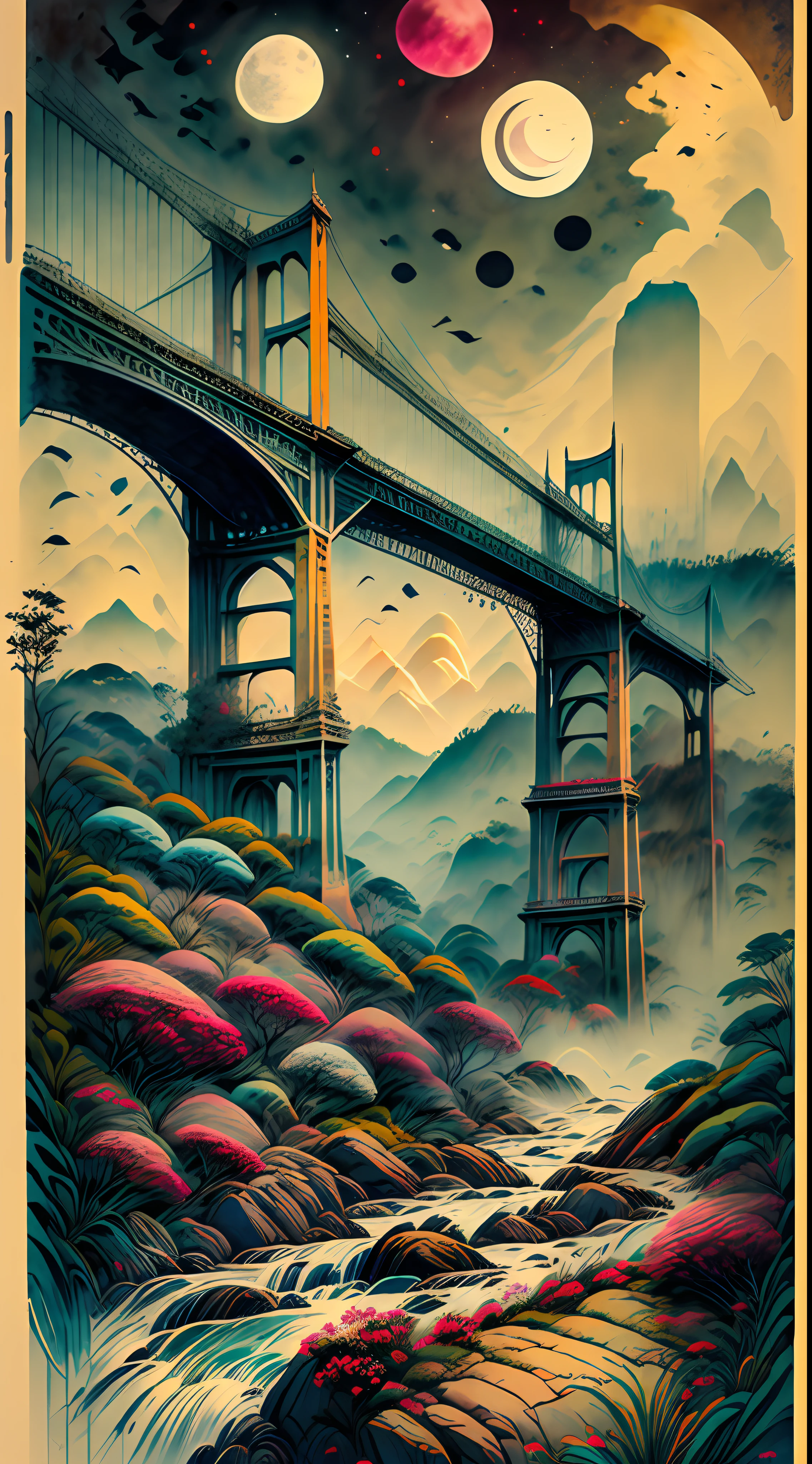 Um lugar magico com cores vivas cachoeiras, montanha, uma ponte e uma cidade ao orizonte, 8k, contraste +25