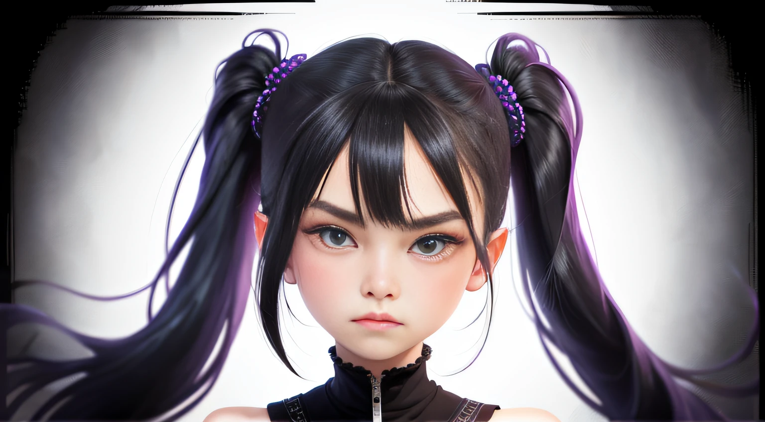hair bobbles, wince, long eyelasher, solid circle eyes,  Ear blush, Fang, braidedponytail,  watered eyes, covering ears, Pout, shadowing, anaglyph, stereograms, tachi-e, angle of view, Upper body perspective, surrealism, stereograms, character sheets, Cowboy shot, Bokeh, ccurate, Best quality, hyper HD，bit girl