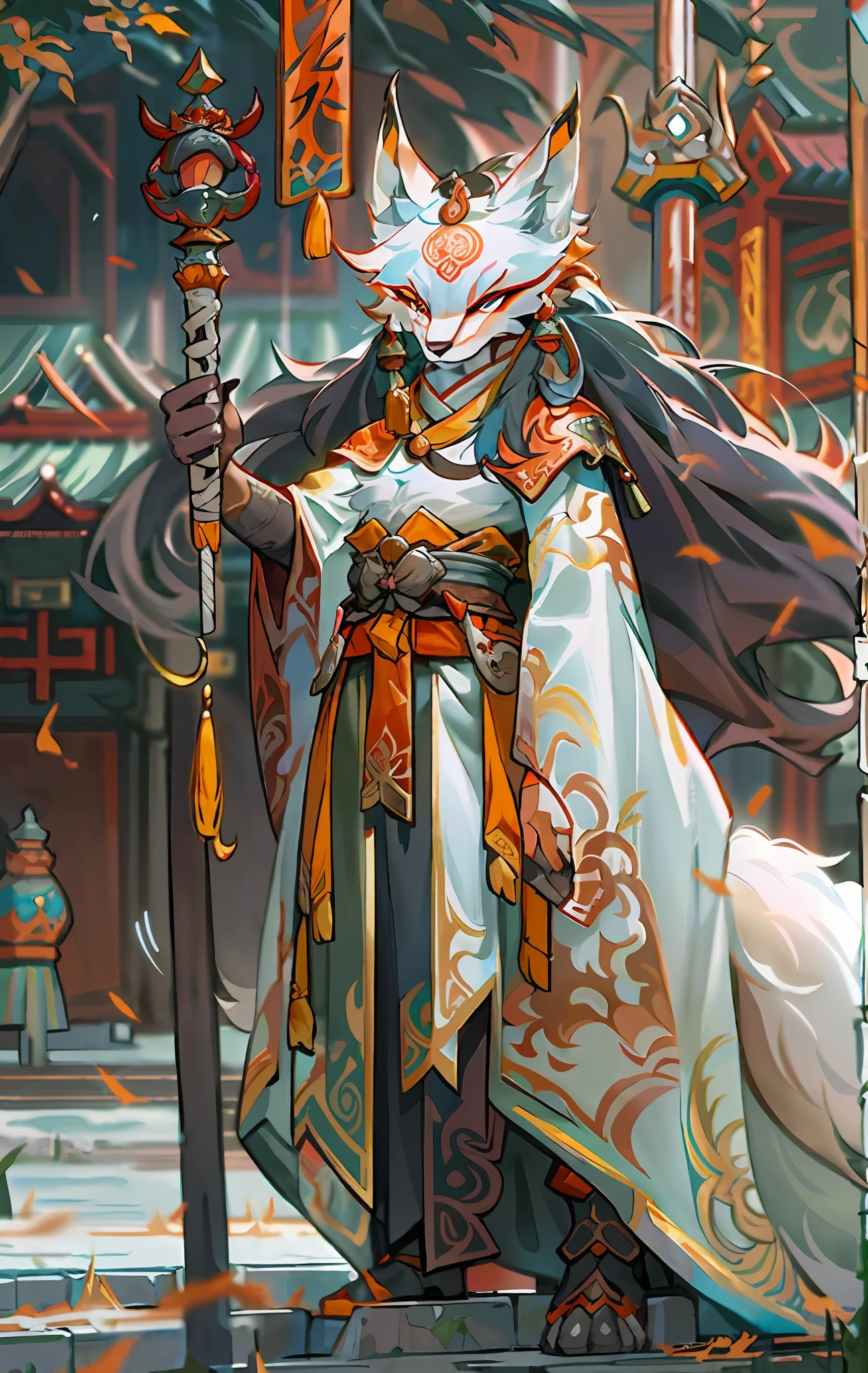 Fox Mage, Full body like，Close-up of the fox mage in the city, Seductive eyes，Fierce，Akira in Chinese mythology, an epic majestical degen trader, bian lian, by Yang J, Chinese Warrior, Anthropomorphic mage fox, Son Goku, cgsociety and fenghua zhong, inspired by Li Kan, Epic Mage, Fox warrior, White tattered cloak，Armour，Full body standing painting，Fantasy setting, character concept, character art, Character portrait, Cartoon, Best quality, Best resolution, 4K, Vivid colors, Vivid, High detail, best detail, confident pose, extrovert, look from down,