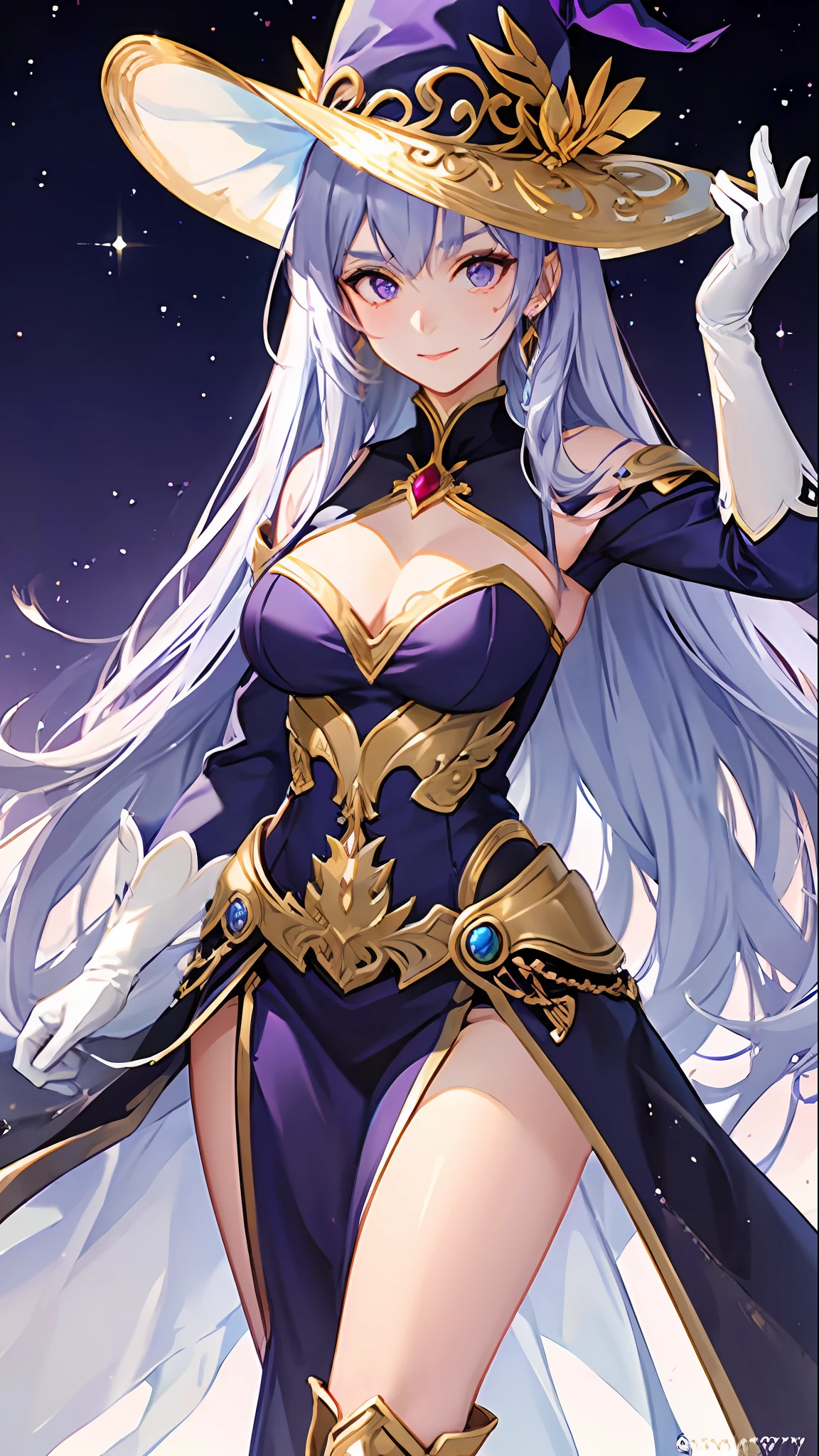 1girl, sorceress woman，red pupils，Gorgeous Hair in Long Purple，flowy，crisp breasts，Toned Thighs，Red tattoo on the thigh，Purple wizard hat，Gold trim，Purple bandeau dress，Gold trim，White long-sleeved gloves，White lace over-the-knee boots，Surrounded by purple tulle，In his hand is a magic wand set with rubies，starrysky，kosmos，magicle world，Detailed background，Costume details，perfectly proportioned, Cinematic lighting, filmgrain, Fuji colors, lightand shade contrast, 8K, 巨作, Textured skin, Super detail, high detal, high qulity, A high resolution,