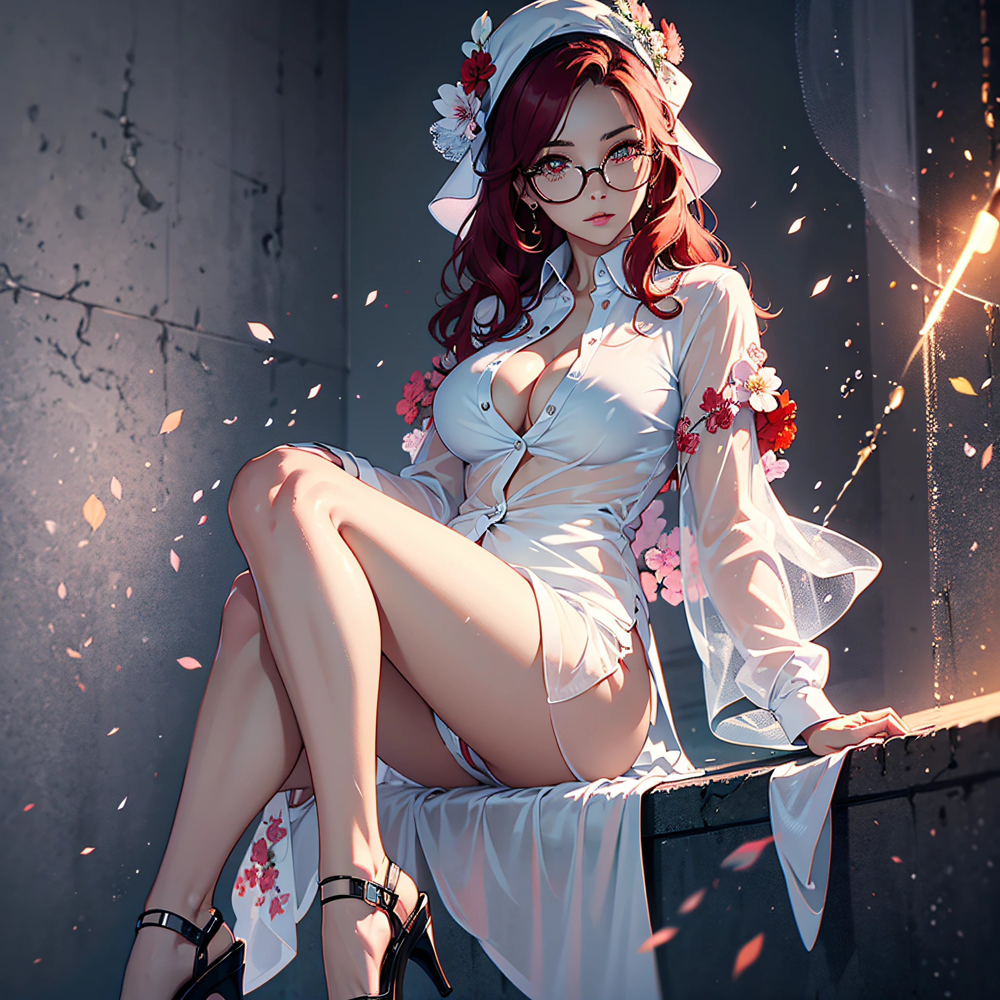1 mature and sexy aunt,Red color hair,Wavy shawl hair,red pupils,Round glasses,beauitful face,(photorealiscic face;1.4)crisp breasts,Convex buttocks,Wears a slightly transparent white shirt,(No underwear;1.3),An unbuttoned shirt,(Lilac transparent floral dress;1.4),White heels,perfectly proportioned, Cinematic lighting, filmgrain, Fuji colors, lightand shade contrast, 8K, 巨作, tmasterpiece,Textured skin, Super detail, high detal, High quality, A high resolution,