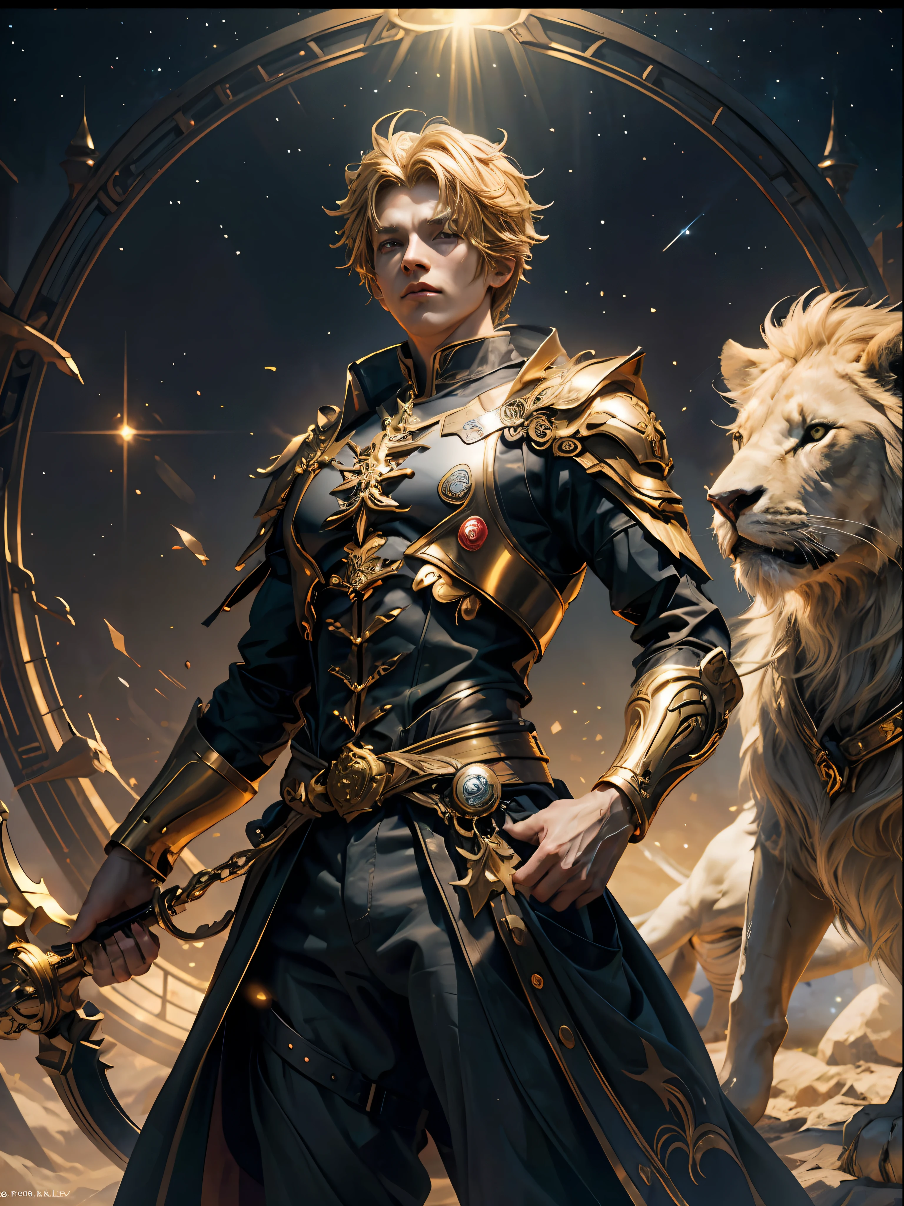 Magic Golden Leo astrolabe,Yellow-haired people,Next to the lion ,Golden lion,Roaring lion,Gold and yellow are the main colors,greek myth,mistic,A deep,starrysky,constellation,constellation,(tmasterpiece) ,(High resolution of 8K), (best qualtiy) ,(ultra-definition), (Ultra photo realsisim),Two-colored light、largeaperture、Low ISO、White balance、the rule of thirds、((tmasterpiece)),(of a real:1.4),Ray traching,NVIDIA RTX,Hyper-Resolution,Unreal 5,Subsurface scattering,PBR Texture,post-proces,depth of fields,hyper HD, Masterpiece, Anatomically correct,Best quality, A high resolution, 16k