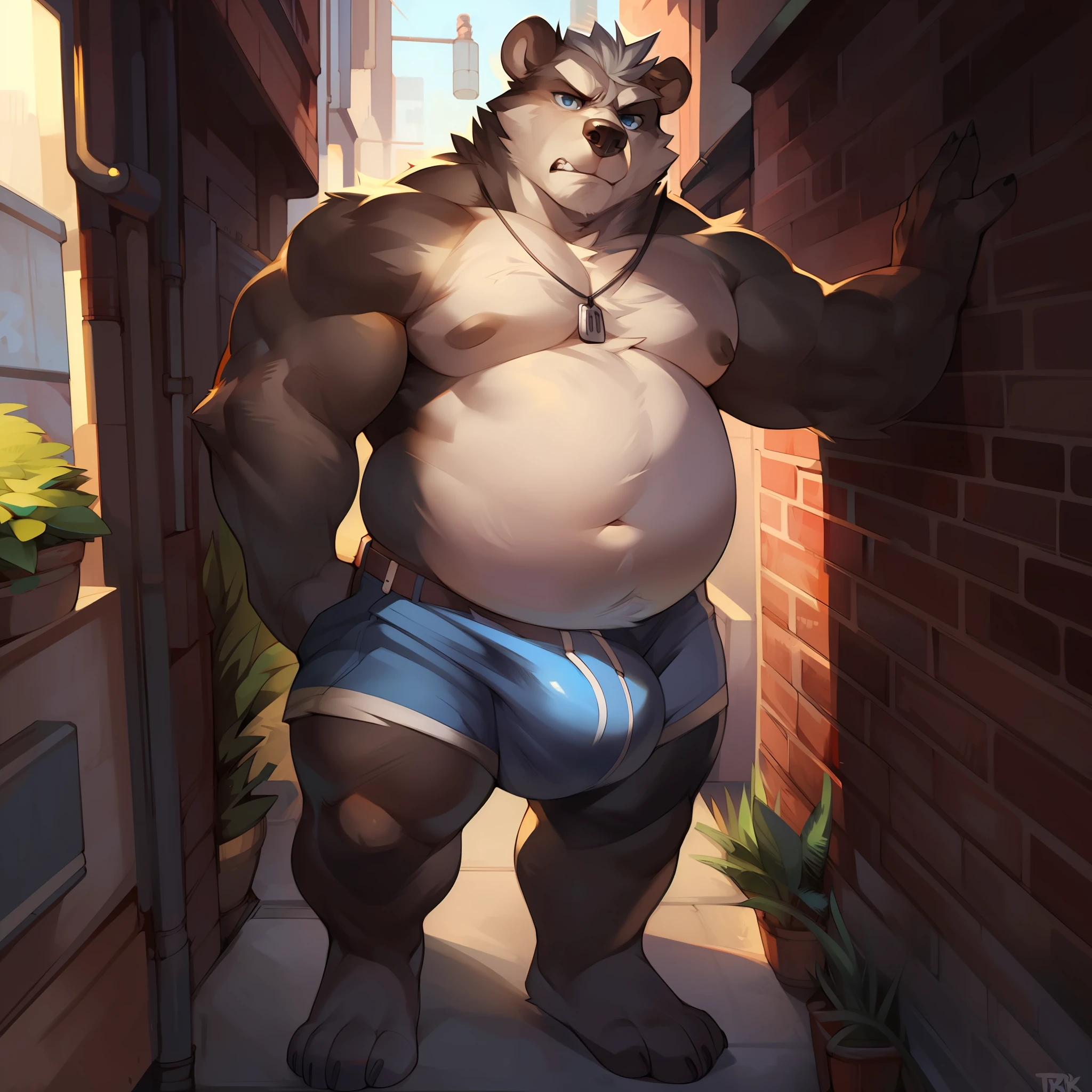 Solo, male, bear, chubby, musclegut, muscular, mature male, old, angry, frowning, black fur, blue eyes, grey hair, body hair, dog tags, tan cargo shorts, big bulge, alleyway, plants, by mystikfox61, by darkgem, by glitter trap boy, by bebebebebe