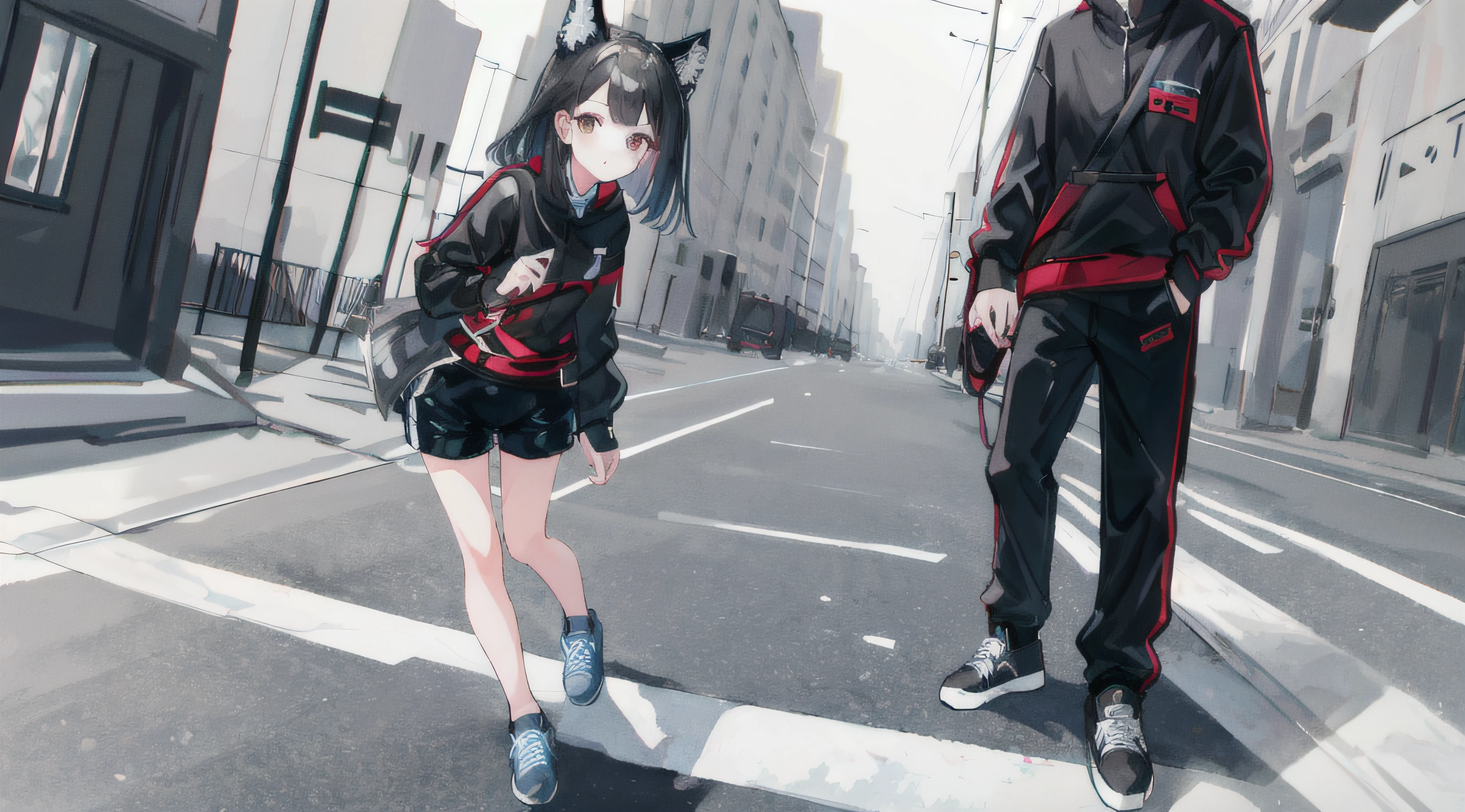 1girl, animal ears, dark hair, medium hair, arknights, intricate details, black shorts, sneakers, street