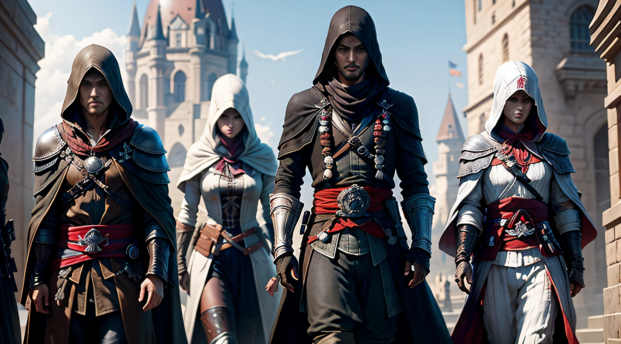 silber hair，Eyes，Post-comb，short detailed hair，Black robe，Castle、Figure、assassins creed --auto