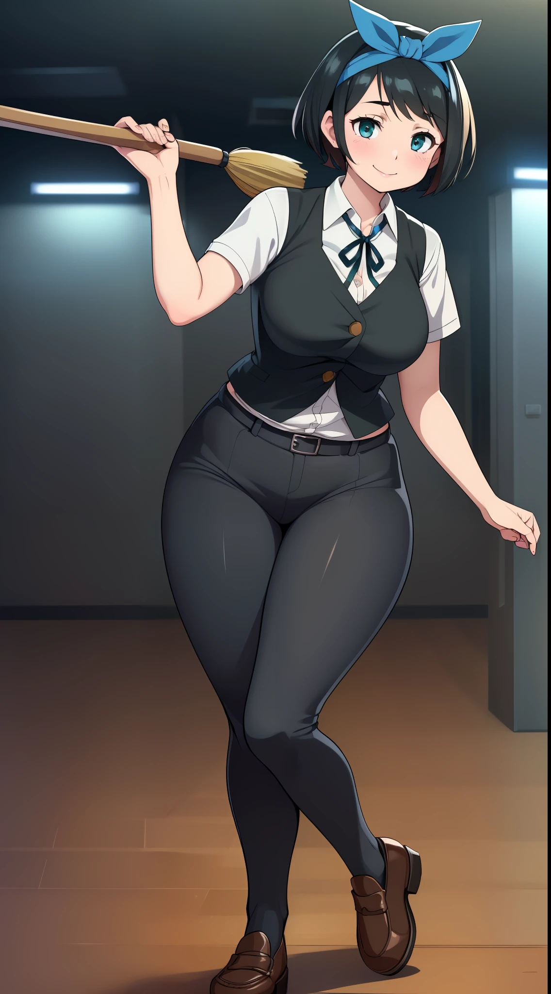 ((((kipteitei art)))), ((highres)),Masterpiece, high quality, best quality, beautiful, perfect lighting, detailed face, ultra cute face, ((1girl)), ((solo), ((((sarashina ruka)))), ((blue hairband)), dress shirt, black vest, black pants, work uniform, (tight clothes), black socks, loafers, looking at viewer, cowboy shot, sweet smile, cute, happy, blush, large breasts, perky breasts, (wide hips), (thick thighs), working at movie theater, empty movie theater, holding broom, sweeping, movie theater lobby,
