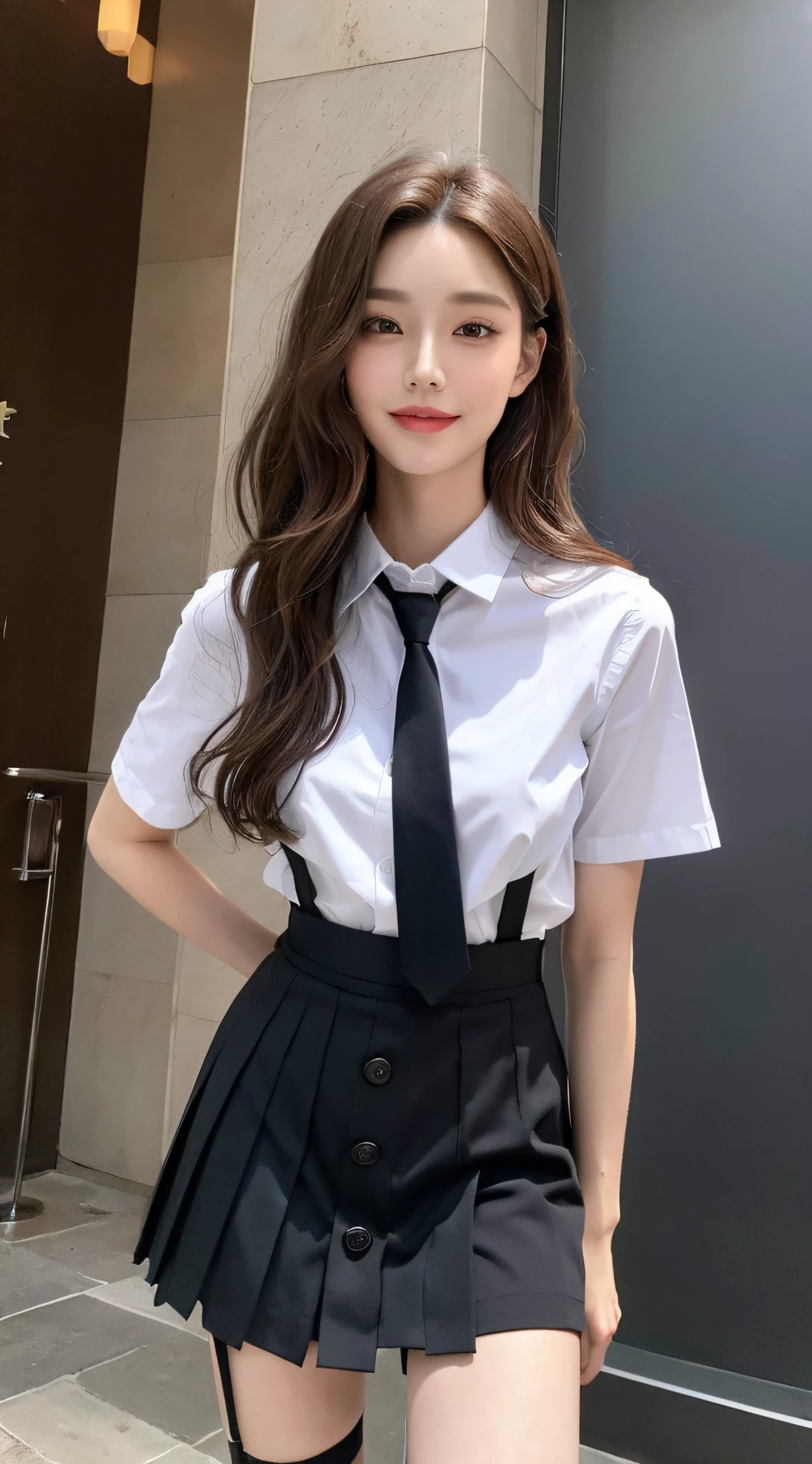 （best qualtiy，A high resolution，tmasterpiece：1.3），A tall and beautiful woman，Slender abs，Dark brown hair in loose wavy styling，full bodyesbian, Long legs, Mid-range vision, perfect figure beautiful woman:1.3, Slim abs:1.1,（White short-sleeved button-down shirt，a black pleated skirt，suspender stockings），（Modern architecture in background），The details in the facial and skin textures are beautifully rendered，Detailed eyes，二重まぶた，Natural eyes，ssmile