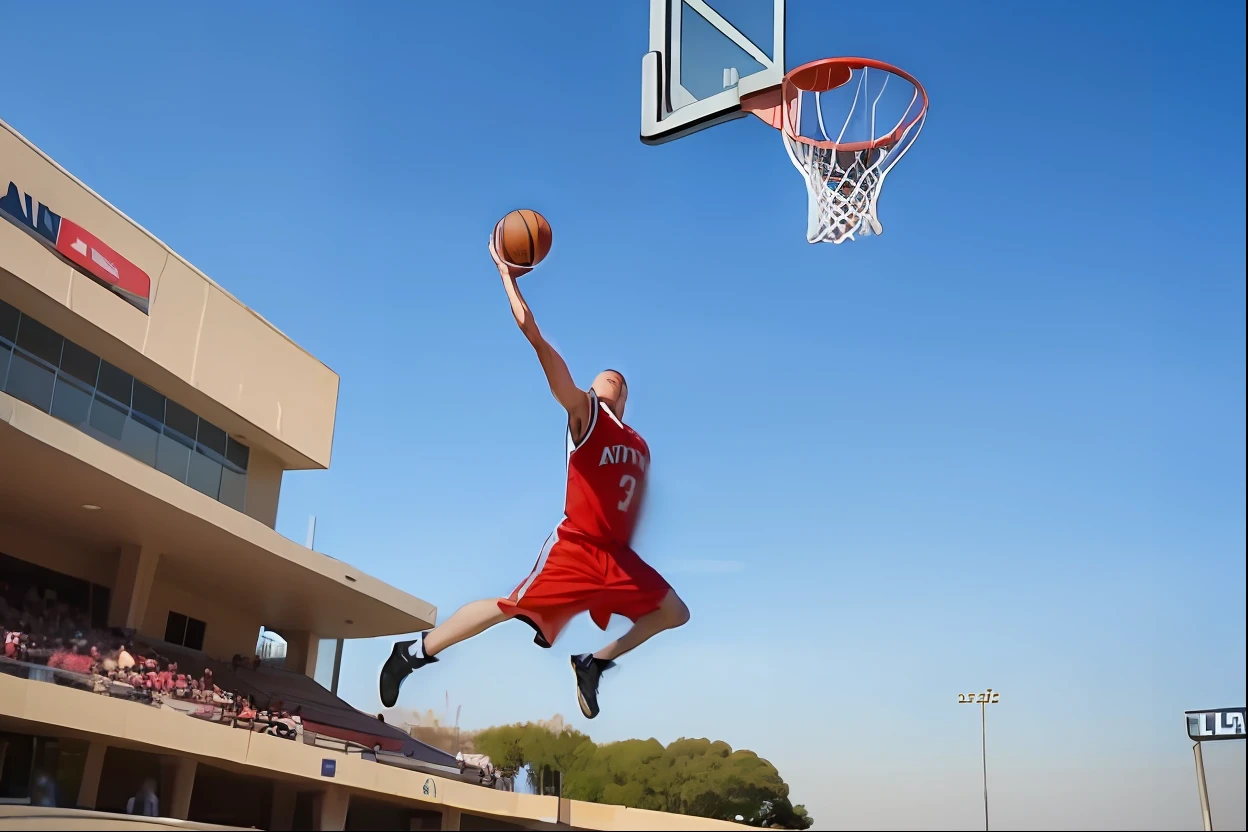 A man jumps up and dunks, Dunking, extreme low angle long shot, scence of slam dunk, Playing basketball, flying shot, Slam Dunk, extreme low angle shot, ultra - high jump, basketball, shooting angle from below, dynamic low angle shooting, Crazy angle, air shot, mid air shot, award-winning shot