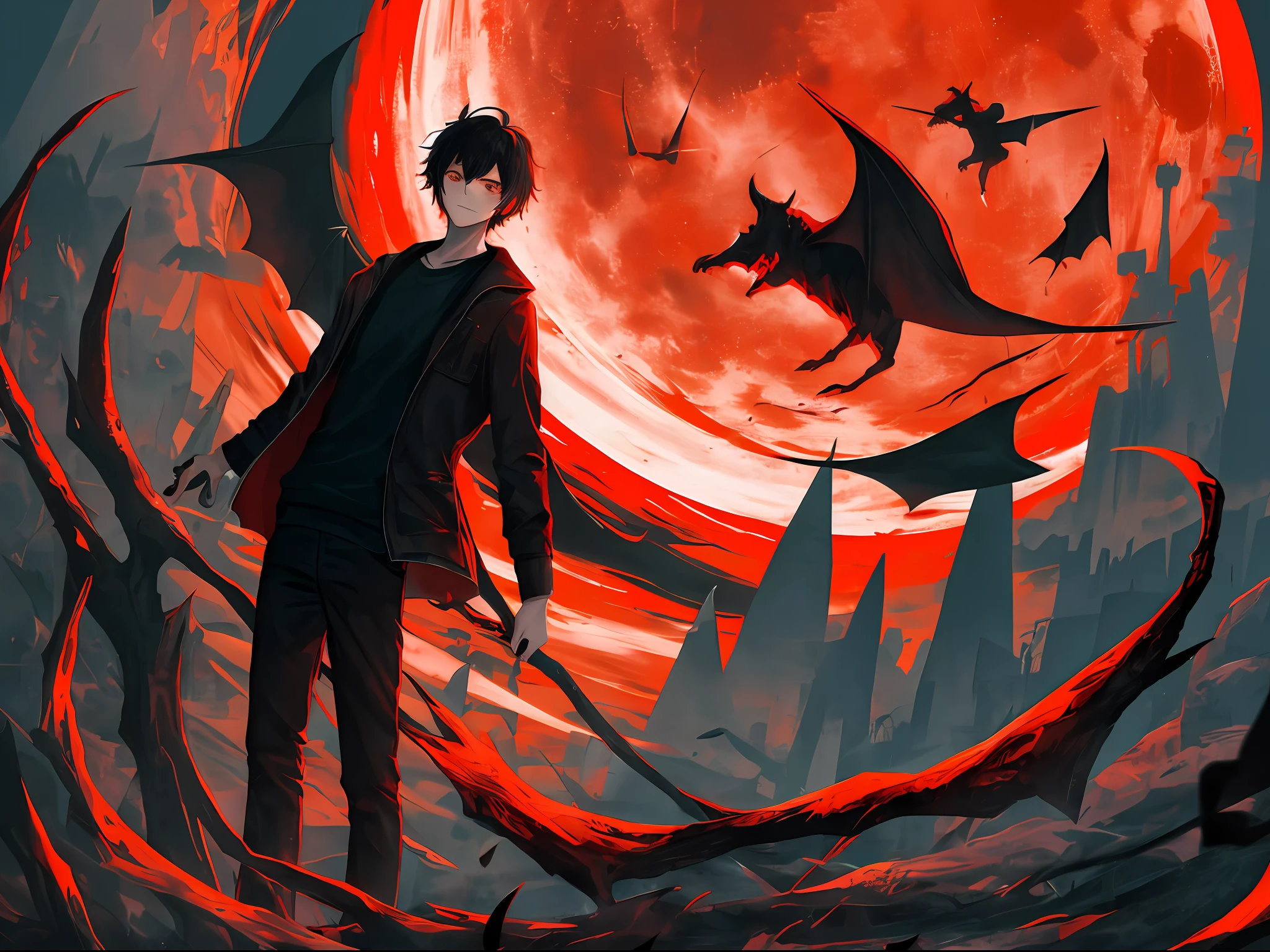 A boy with messy black hair, dark eyes, a huge demon shadow behind him, a dark atmosphere, and a red moon