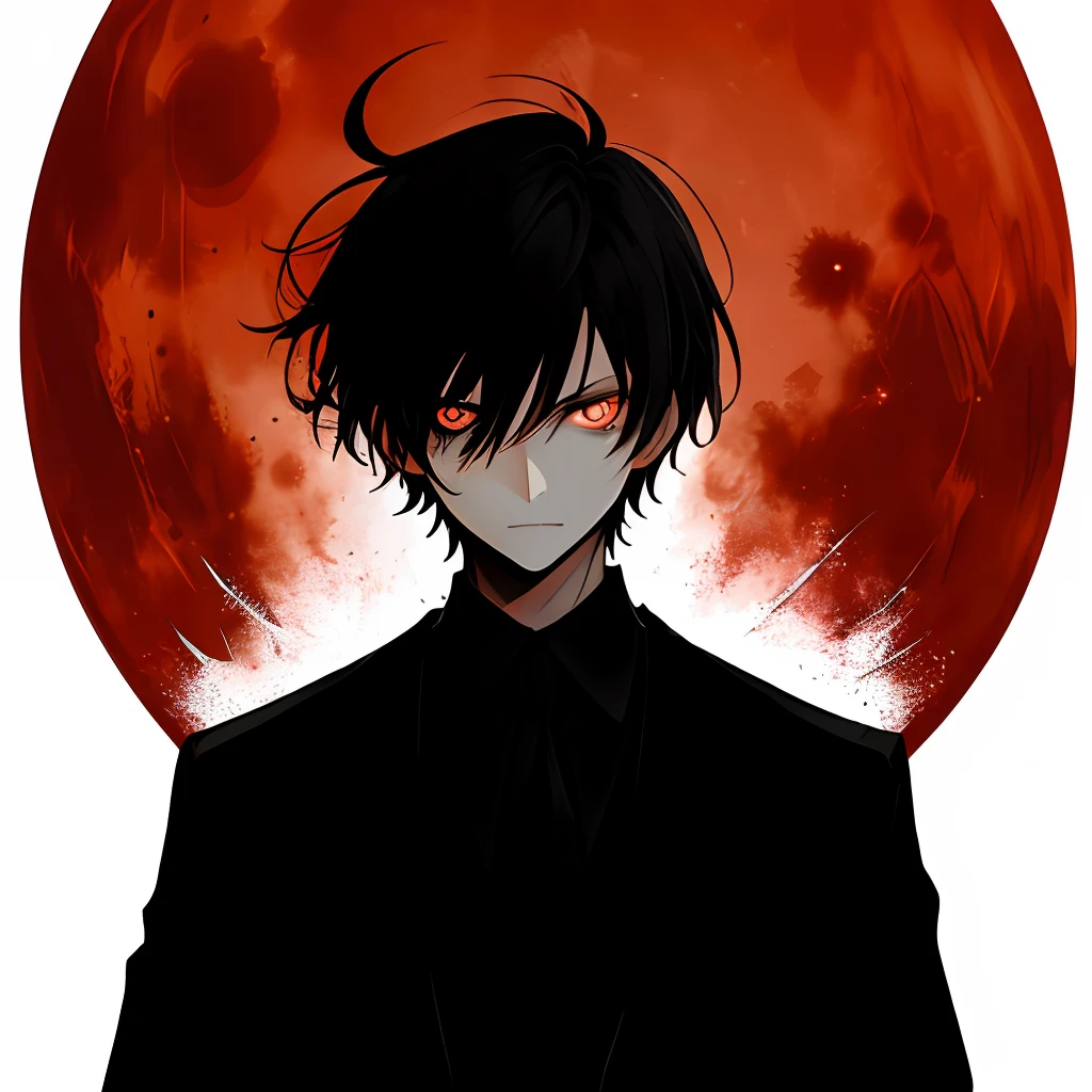 A boy with messy black hair, dark eyes, a huge demon shadow behind him, a dark atmosphere, and a red moon