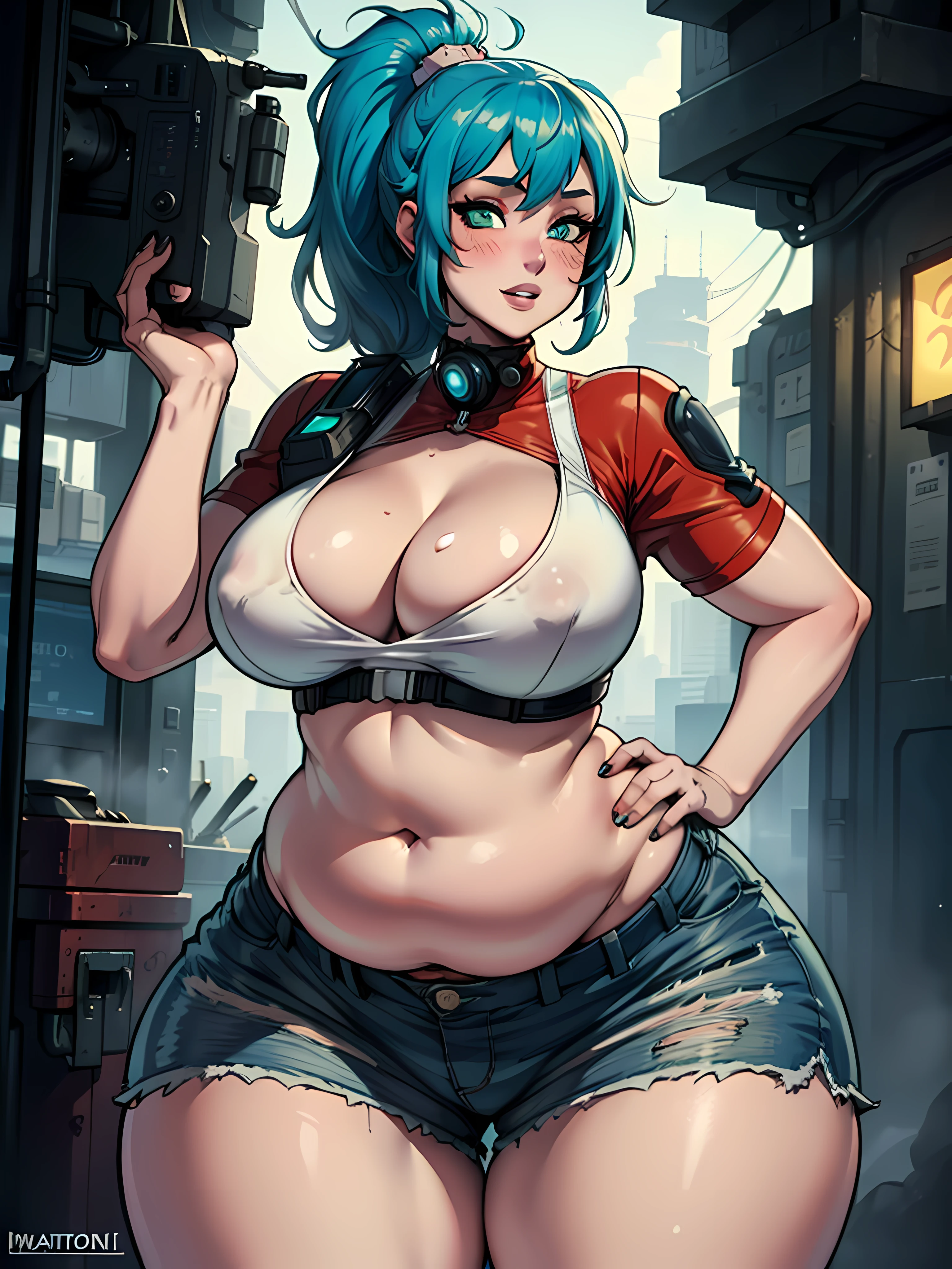 Masterpiece, high quality, best quality, beautiful, HD, perfect lighting, detailed face, ultra cute face, detailed body, ((1girl)), ((solo)), blue hair, medium hair, messy hair, ponytail, green eyes, looking at viewer, confidant smile, ((blush)) large breasts, cleavage, covering, perky breasts, ((massive hips)), (((thick thighs))), (((thicc))), (((fat ass))), (she has a jiggly fat belly), (((chubby))), ((chubby belly)), (chubby female), ((((fat folds)))), belly hang, ((belly grab)), crop top, shorts, ((undersized shorts)), far future, (cyberpunk), neon lights, in public, facing to the side, cowboy shot, dynamic angle,